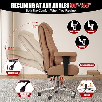 600lbs Big and Tall Office Chair, Wide Ergonomic Leather Executive Chair for Heavy People with Foot Rest, High-Back Reclining Computer Chair with Swivel Wheels and Lumbar Support (Brown)
