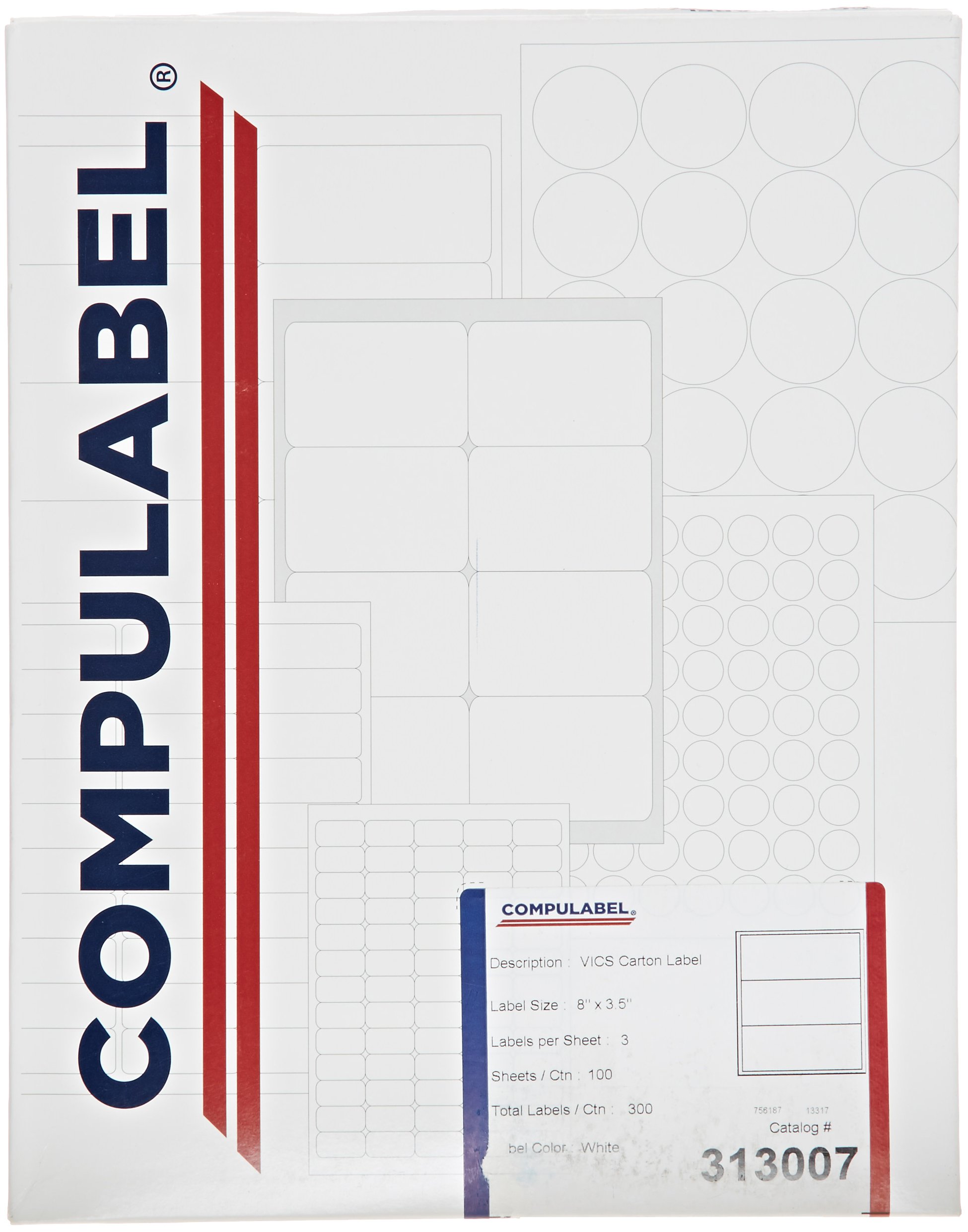 Compulabel 313007 White Shipping Labels for Laser and Inkjet Printers, 8 inch x 3 1/2 inch, Permanent Adhesive, 3 Per Sheet, 100 Sheets per Carton