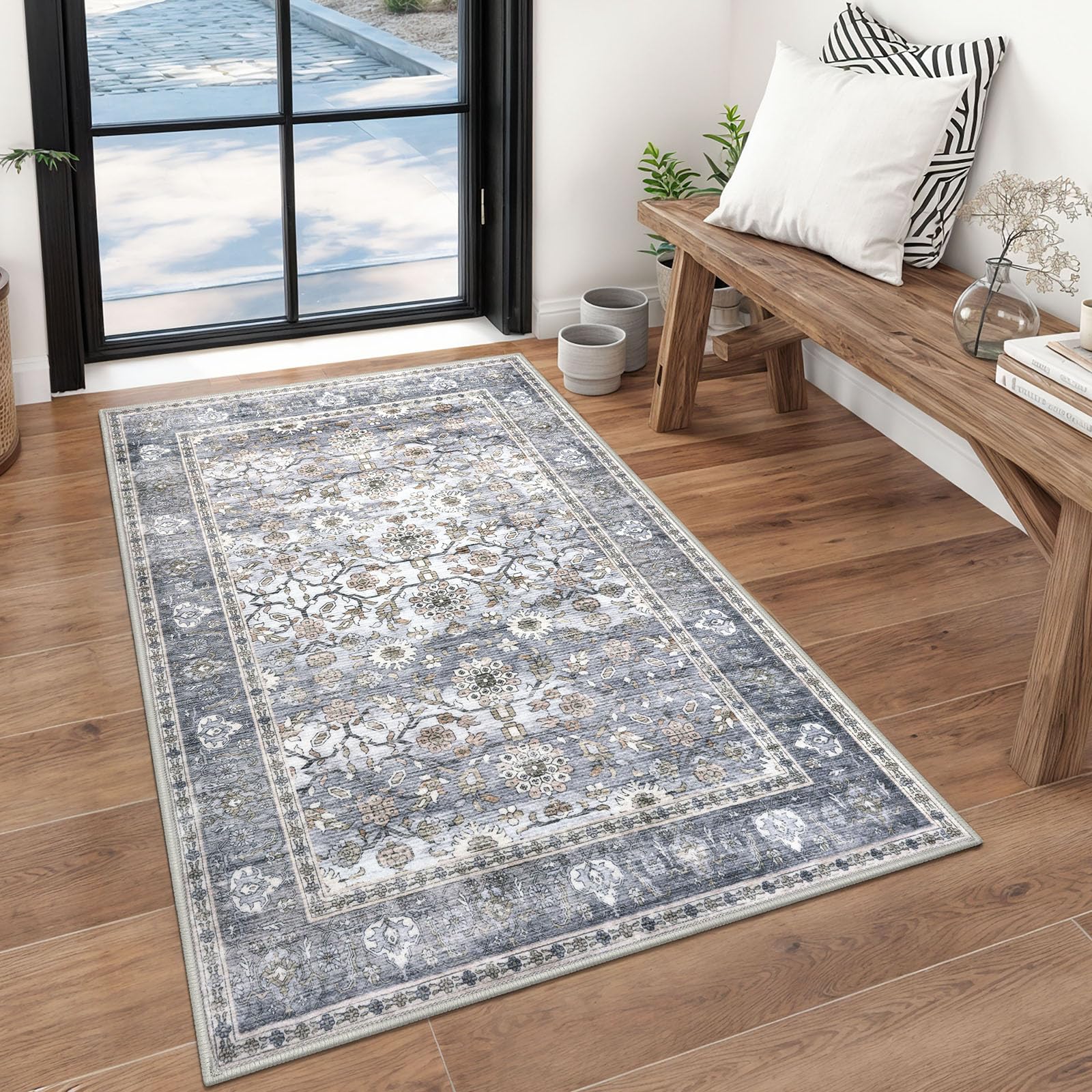 KUTA Vintage Floral 3x5 Rug, Washable Non-Slip Entryway Rug & Kitchen Carpet, Ultra Thin Soft Low-Pile Oriental Throw in Grey Blue, Distressed Print