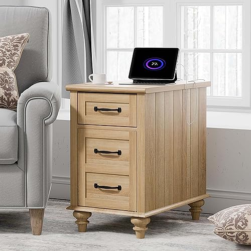 Miniatura 4 de WAMPAT Juego de 2 mesas auxiliares con estación de carga, mesa auxiliar de sofá de madera clara con cajón y armario de almacenamiento, mesita de