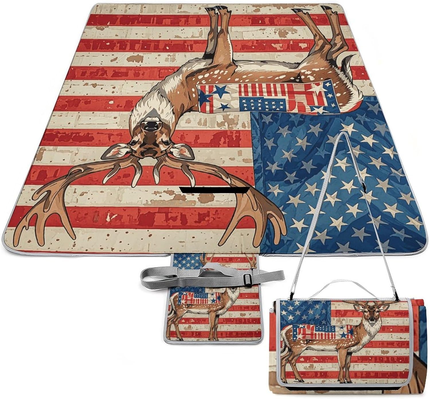 Outdoor Picnic Blanket Extra Large Beach Blanket Waterproof Picnic Mat Americana Flag Deer Camping Blanket Portable with Carry Strap Park Blanket for Grass Camping Park