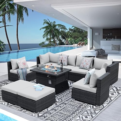 NICESOUL Juego de conversación de patio al aire libre con respaldo alto de 29.3 pulgadas con fogata convertible, sofás modulares de mimbre de tamaño