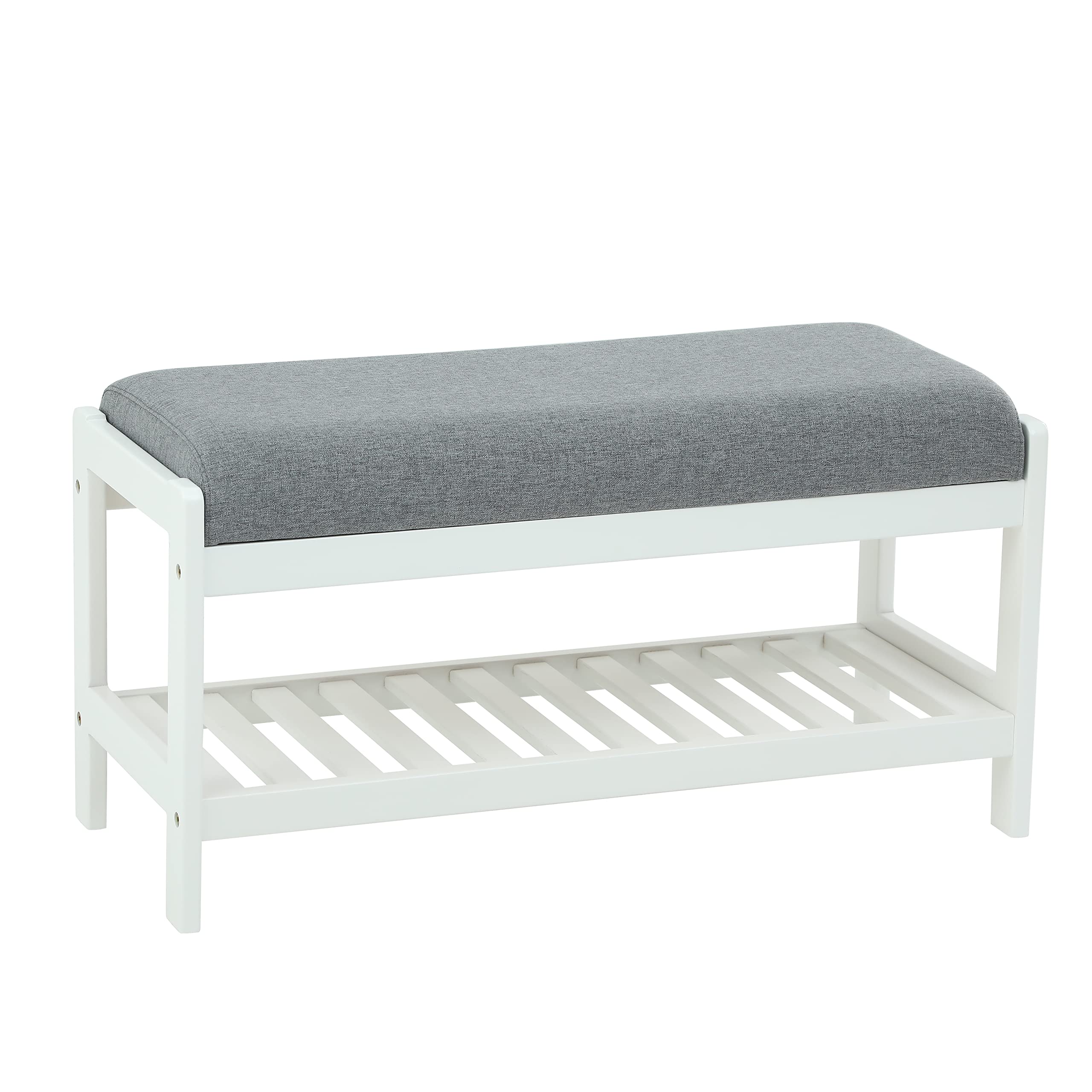 STRUGGLE Solid Wood Shoe Bench, Stable Shoe Rack with Cushion Padded Seat, Storage Shoe Shelf for Entryway, Living Room, Holds up to 300lbs, 32.9 x 17 x 13.4 Inches, White and Grey