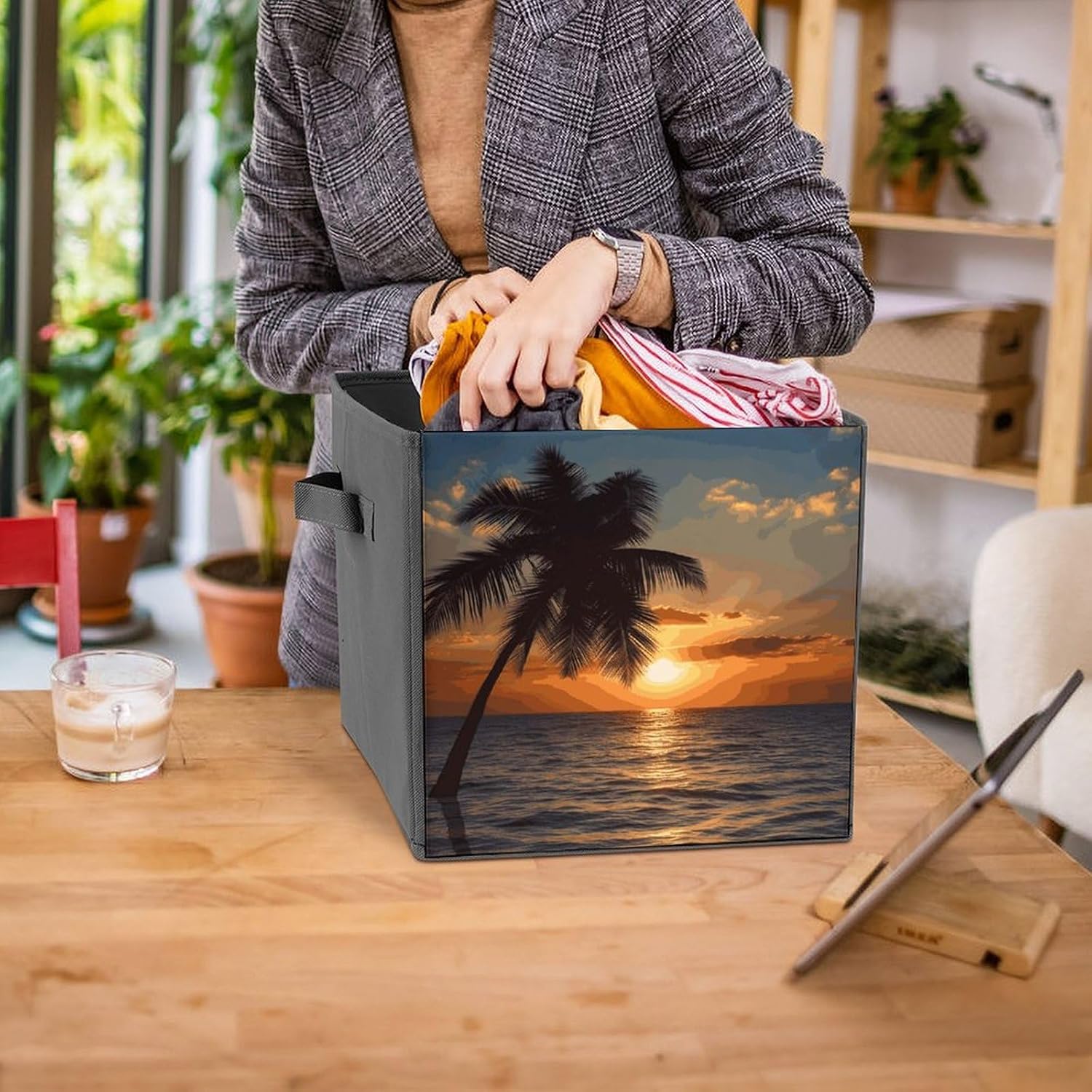 Folding Storage Bins Oxford Fabric Clothes Storage Boxes with Handles | Sunset Palm Tree Ocean Cube Organizer, Easy to Store, Multi Functional Cube Storage Organizer for Office Bedroom