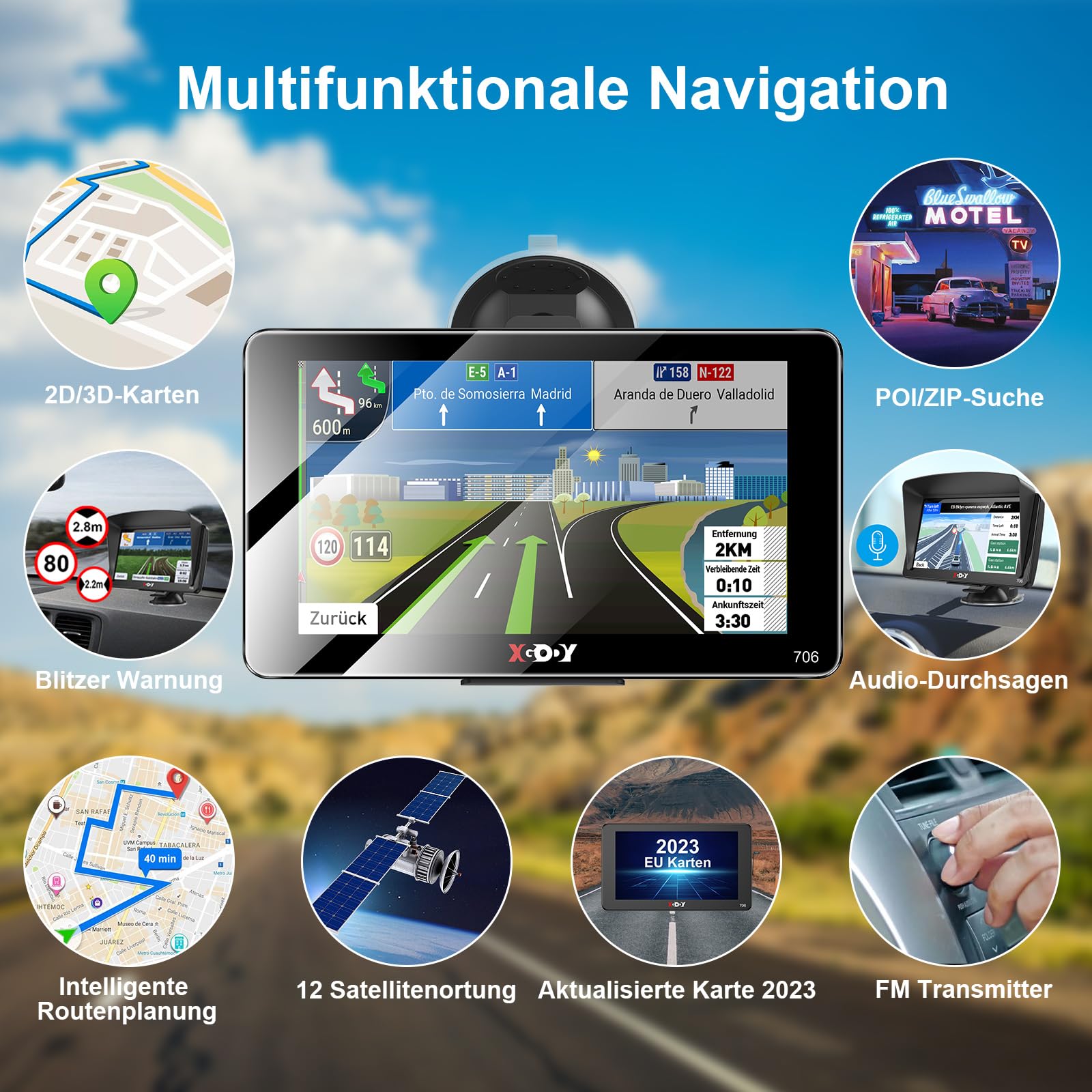 XGODY Navigationsgerät für Auto 2023 Touchscreen Sonnenblende EU Karten Lebenslange Kartenaktualisierung