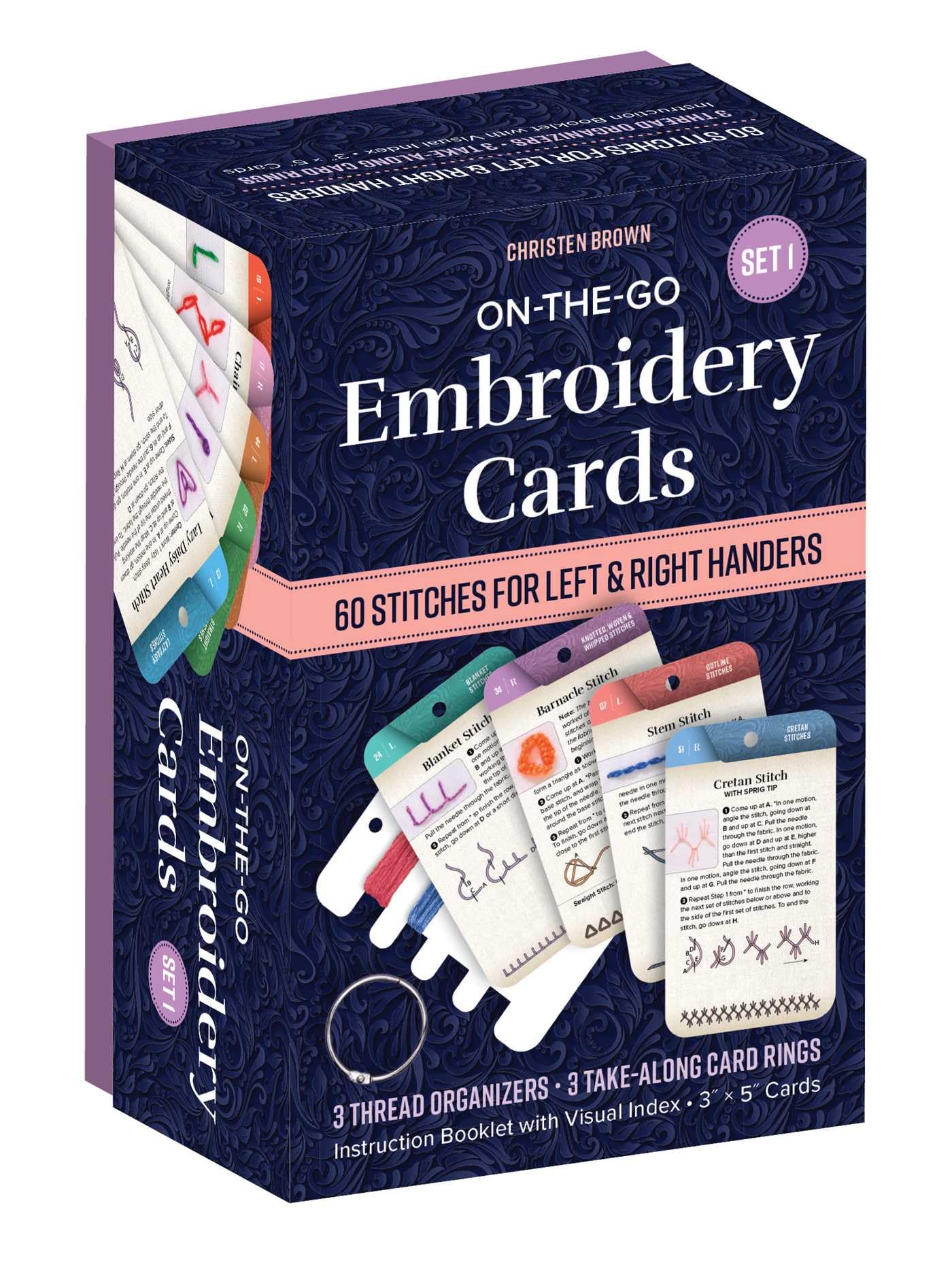 On-The-Go Embroidery Cards Set 1: 60 Stitches for Left & Right Handers, 3 Thread Organizers, 3 Take-Along Rings