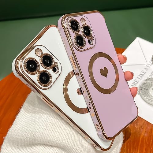 Miniatura 6 de Funda magnética para iPhone 13 Pro Max, funda suave galvanizada de lujo con bonito corazón de amor compatible con MagSafe para mujeres y niñas con