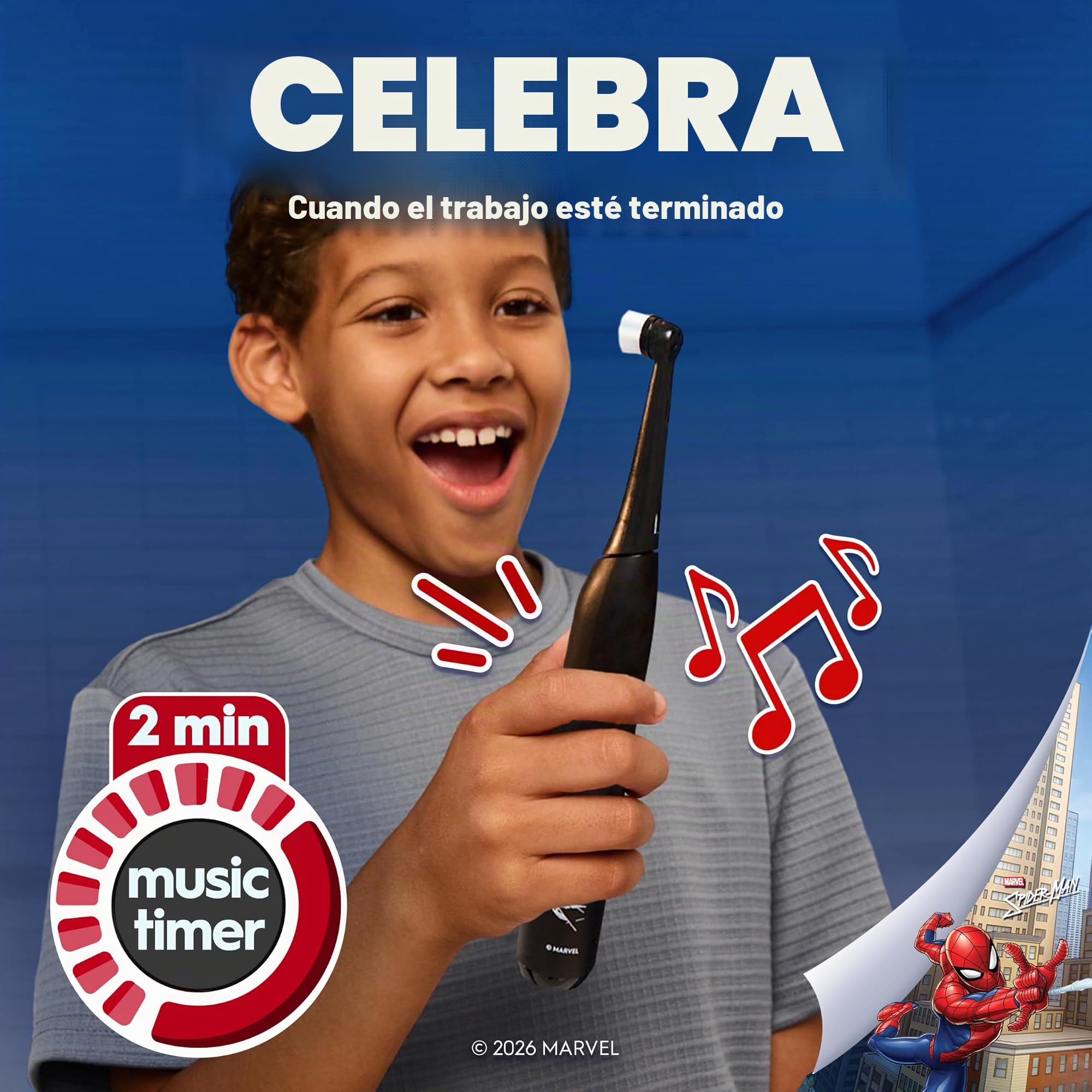 Oral-B iO Kids Limited - Cepillo de dientes eléctrico recargable, Spiderman con 1 cabezal de cepillo de cuidado suave, sensor de presión automático para proteger las encías, 3 ajustes de limpieza