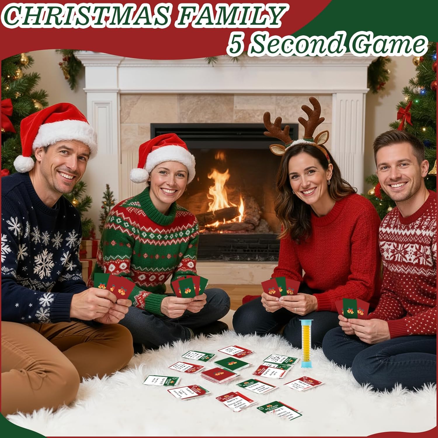 Christmas 5 Second Game with 110 Question Cards and 5 Second Hourglass,Funny Christmas Party Games,Simple Questions Card Game for Adults,Travel-Friendly for Game Nights & Sleepovers