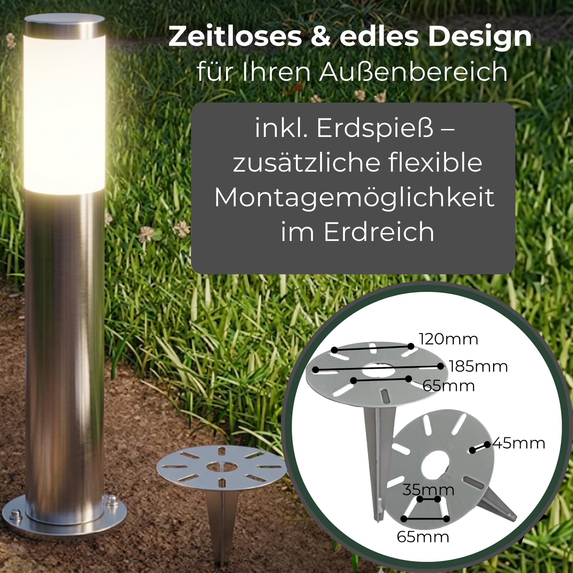 Novatool 4x Wegeleuchte I 45 cm I mit Erdspieß I Edelstahl I IP44 I E27 Sockel I Wegebeleuchtung aussen Aussenleuchten Garten Standleuchte Terassenleuchte Gartenleuchte stehend Terrassenlampe