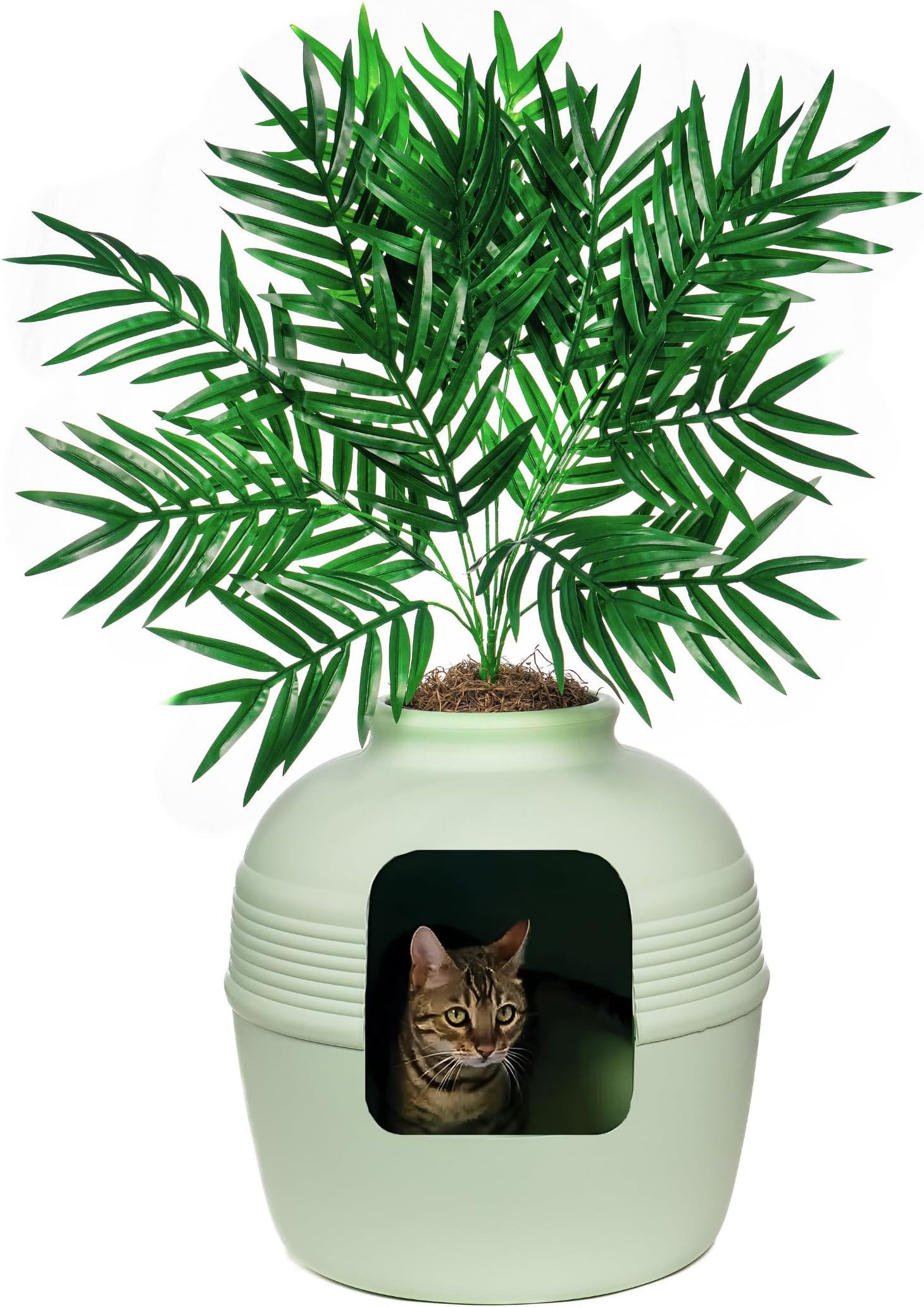 Good Pet Stuff, The Original Hidden Litter Box Starter Kit, Round Enclosed Cat Litter Box Planter with Artificial Plants, Vented Carbon Odor Filter System, Florist Moss, Easy to Clean, Seagrass Green