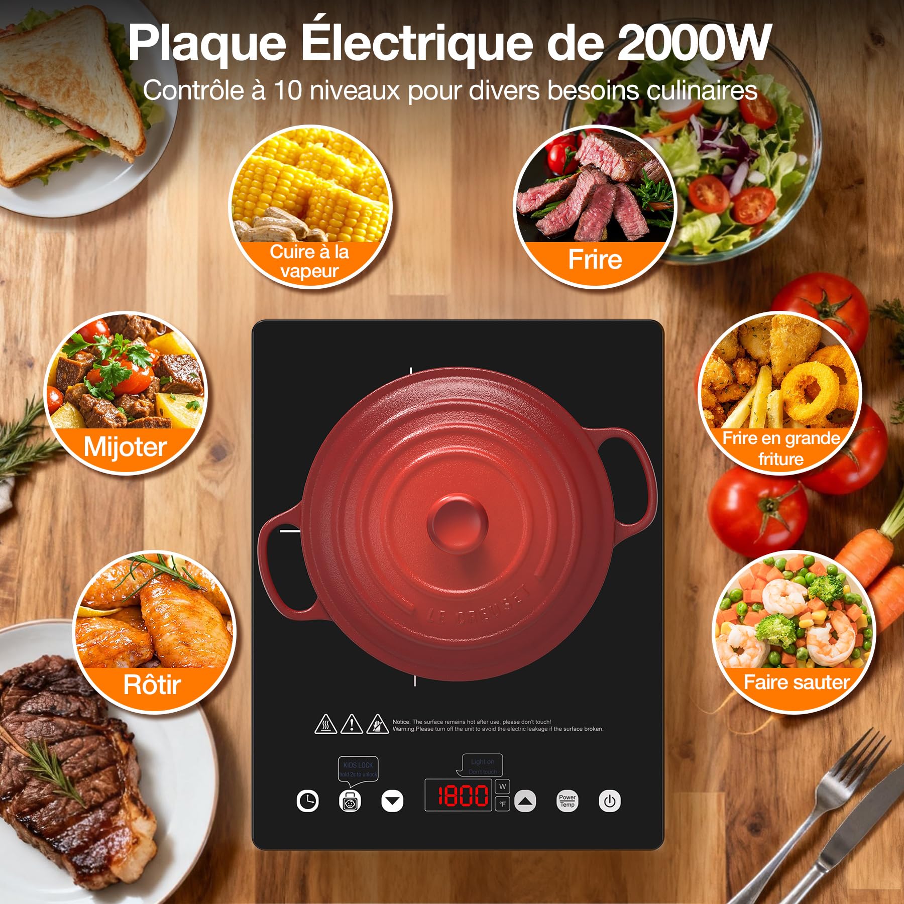 Plaque Vitrocéramique 1 Feu 2000W, Réchaud Électrique Portable avec Contrôle Tactile, 10 Niveaux, Compatible avec Toutes Casseroles, Plaque de Cuisson pour Camping-Car, Studio et Voyage