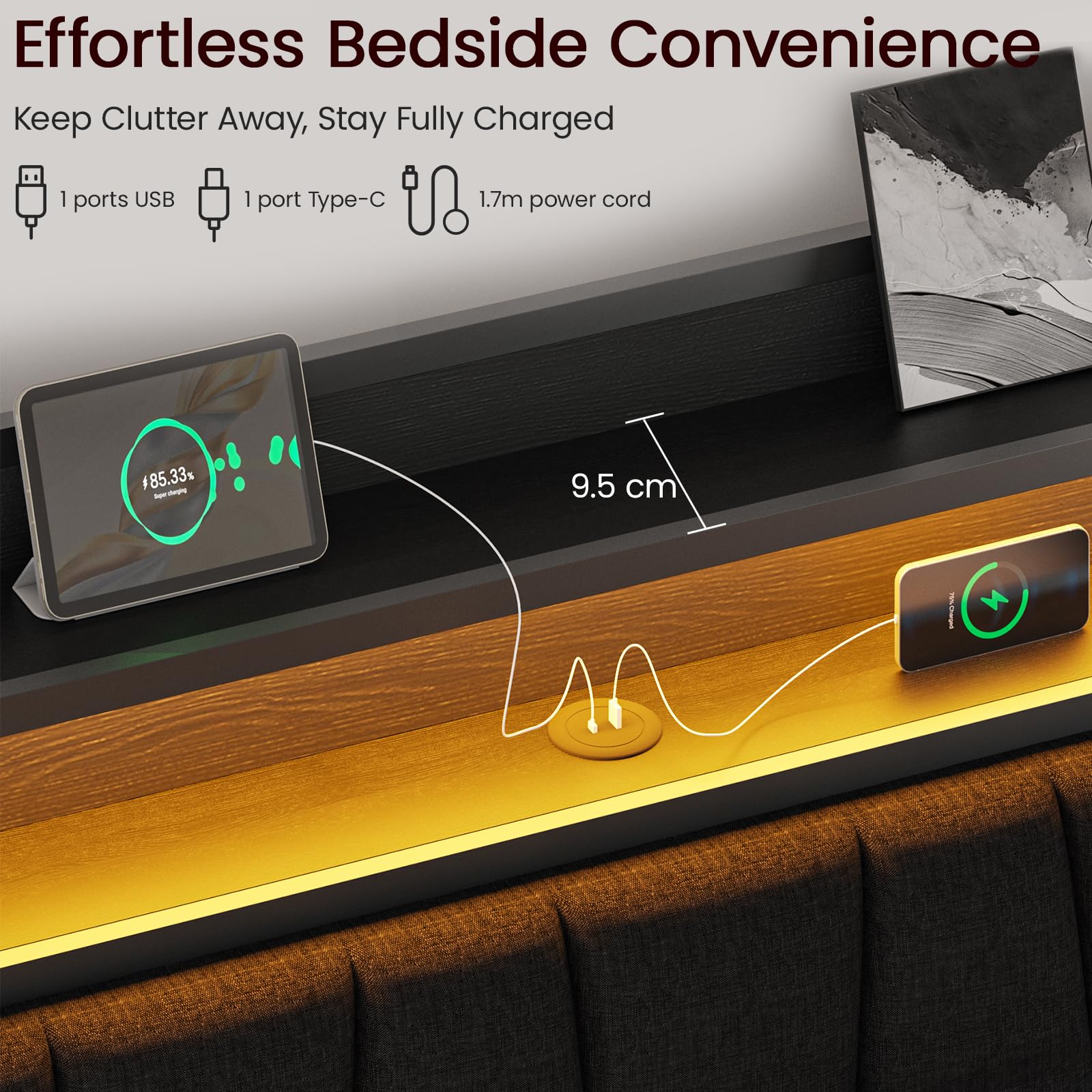 PROZENBDING Lit 160x200 avec sommier, Cadre de lit avec LED et Prise USB, Rangement 2 Niveaux dans la tête de lit, lit Double avec Lattes – sans Matelas, Noir