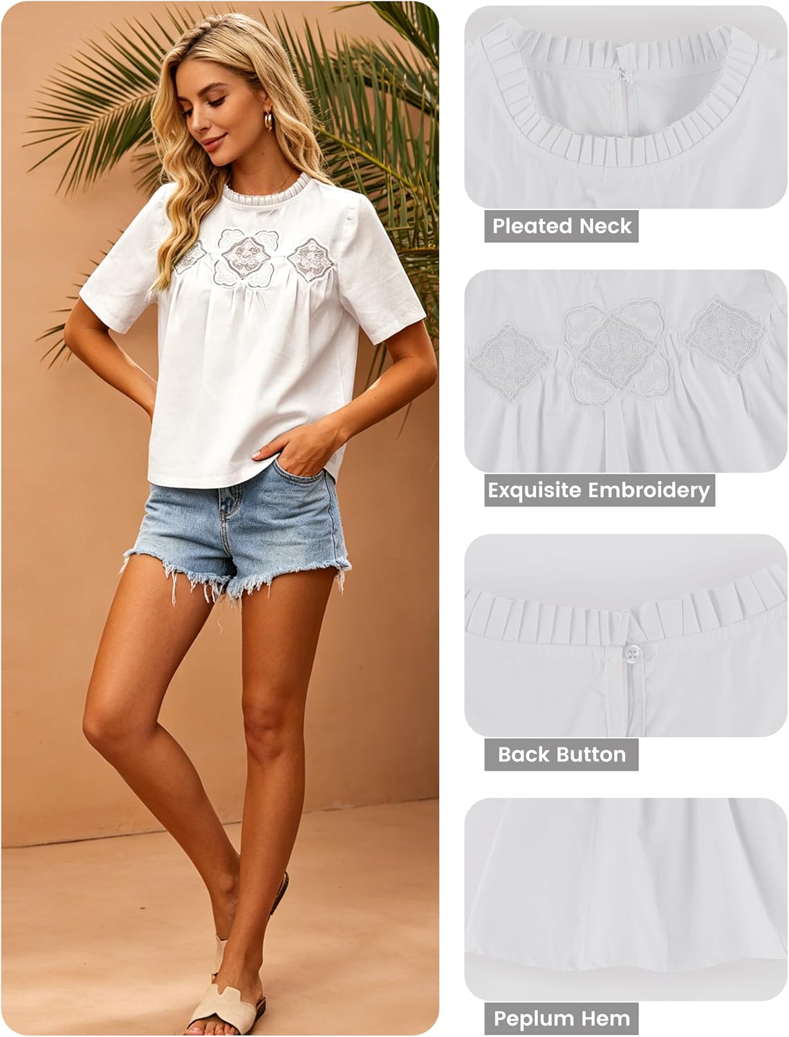 Women's Cotton Lace Flared Blouse Short Sleeve Crew Neck Babydoll Top Mesh Swing Tshirts with Delicate Back Design