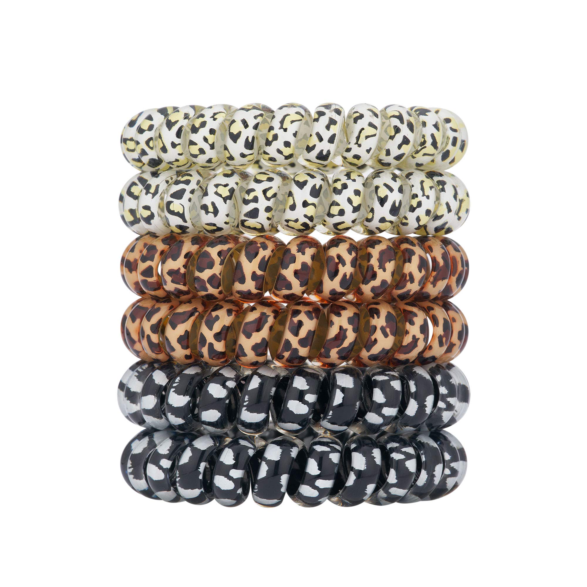 Leopard Spiral Hair Ties (6 Pcs) - Coil Ponytail Holders for Thick and All Hair Types, No Crease Phone Cord Design