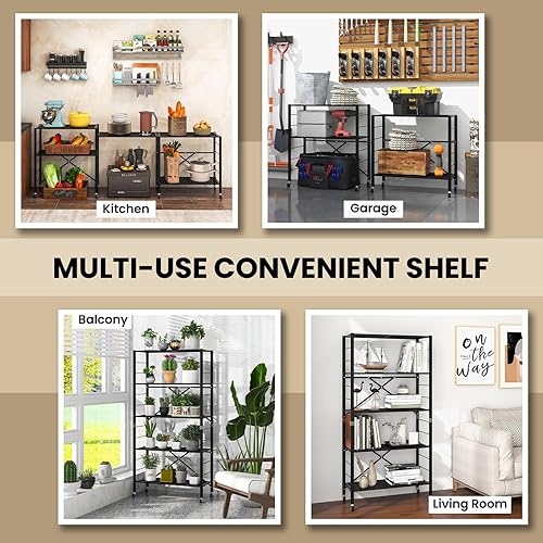 Miniatura 7 de GOFLAME Estantes de almacenamiento plegables de 5 niveles, estantes ajustables con ruedas, estantería desmontable, gran capacidad, estante de