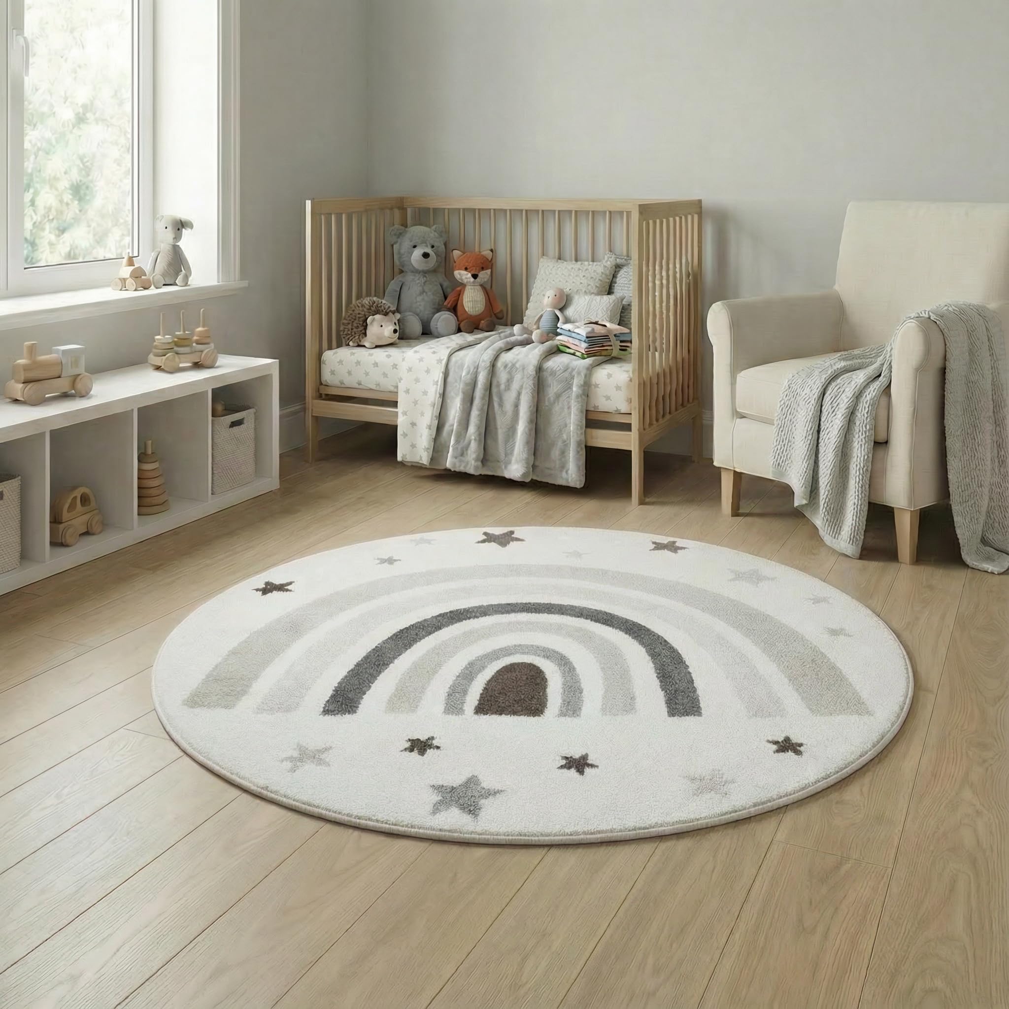 Jimri Kinderteppich DOTS l Pünktchen Gepunktet l Öko-Tex Siegel | Farbe: Beige Blau Rosa | Kinderzimmer/Jugendzimmer (Creme, Ø 150 cm Rund)