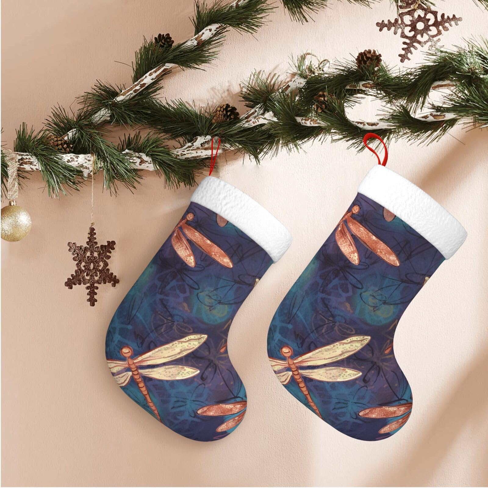 17.7" Christmas Stocking 1 Piece, Hand Painted Dragonfly Xmas Stockings with White Plush Cuff Fireplace Hanging Stocking for Christmas Holiday Party Decoration