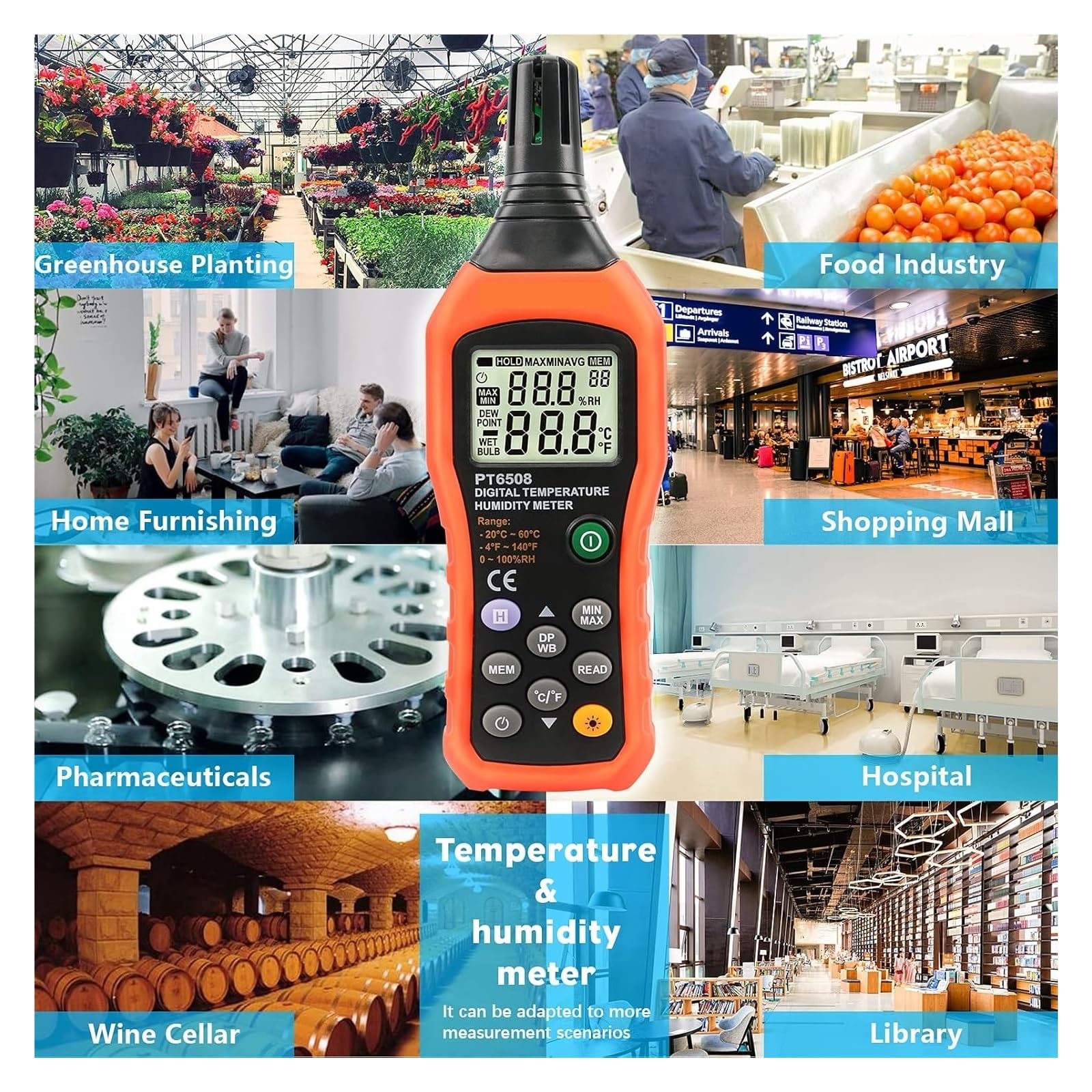 Medidor de temperatura y humedad PM6508, termómetro e higrómetro digital con temperatura ambiente, punto de rocío y bulbo húmedo for interiores y exteriores.