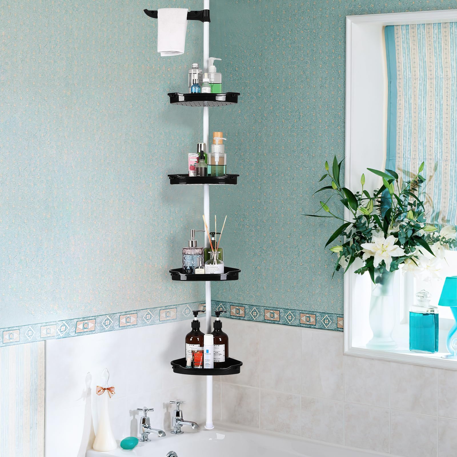 Takywep Corner Shower Caddy Tension Pole Rust-Proof Bathroom Storage Organizer With 4-Tier Adjustable Shelves Corner Shower Shelf With