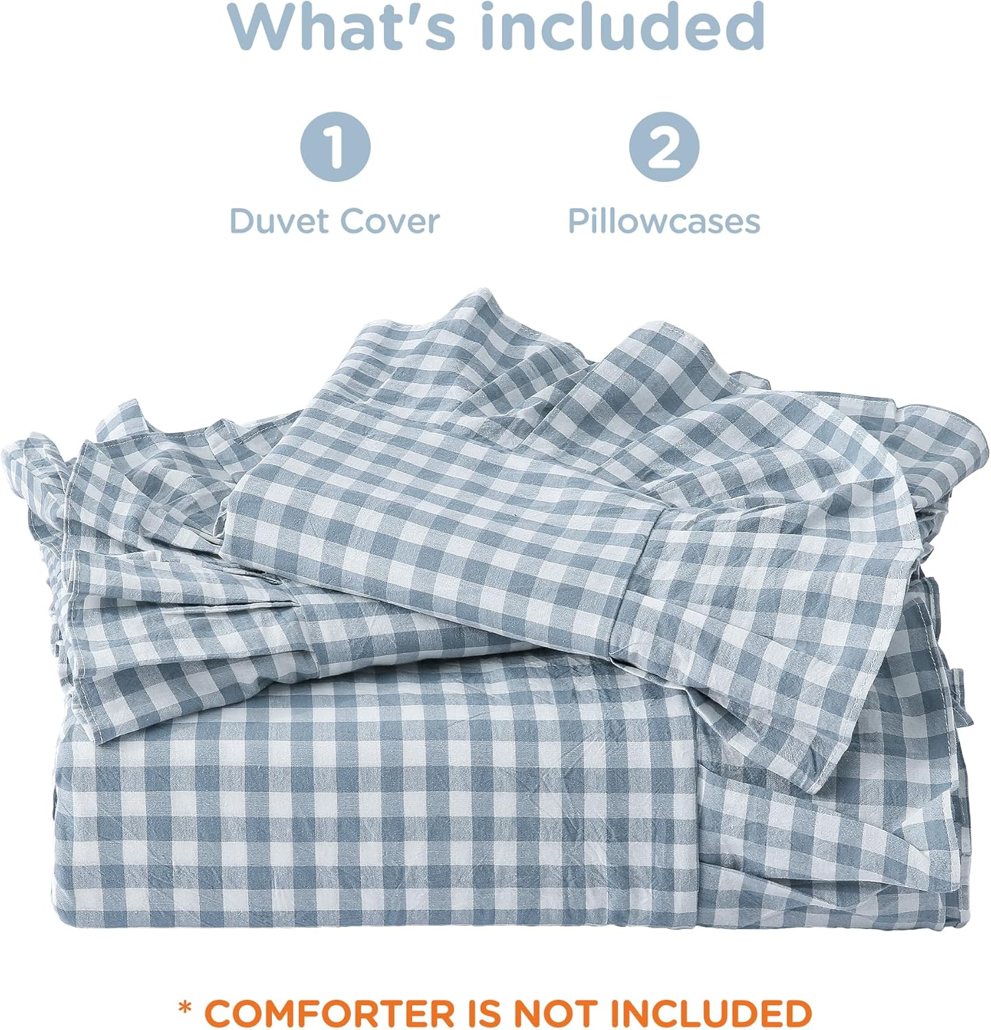 ATsense Blue Gingham Duvet Cover Bedding Set 100% Washed Cotton Like Linen Feel Soft Breathable 3 Pcs Plaid Checkered Cute Ruffle Comforter Cover Set (Queen 90"x90", No Comforter)