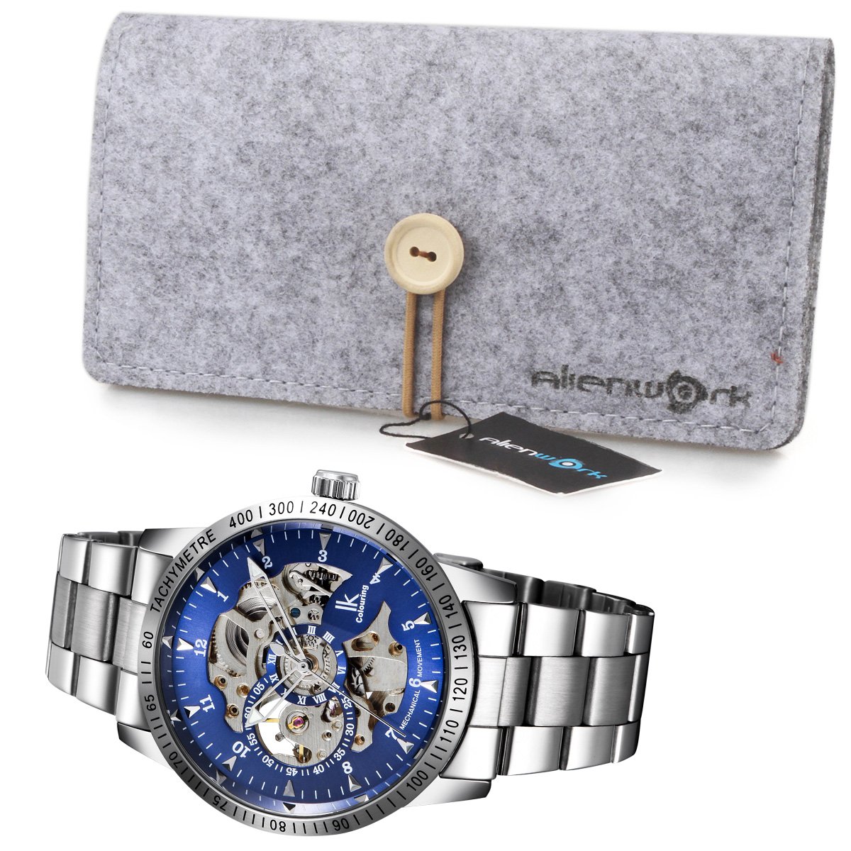 Alienwork IK Reloj Automático Hombre Mujer Plateado Pulsera de Metal Acero Azul Esqueleto