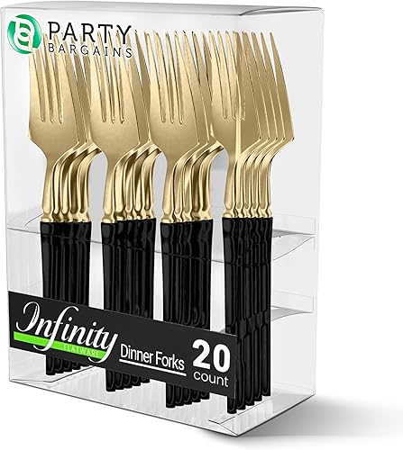 Party Bargains Tenedores desechables de plástico para cena, 20 unidades, negro y dorado, cubiertos de cocina de diseño moderno infinito, perfectos