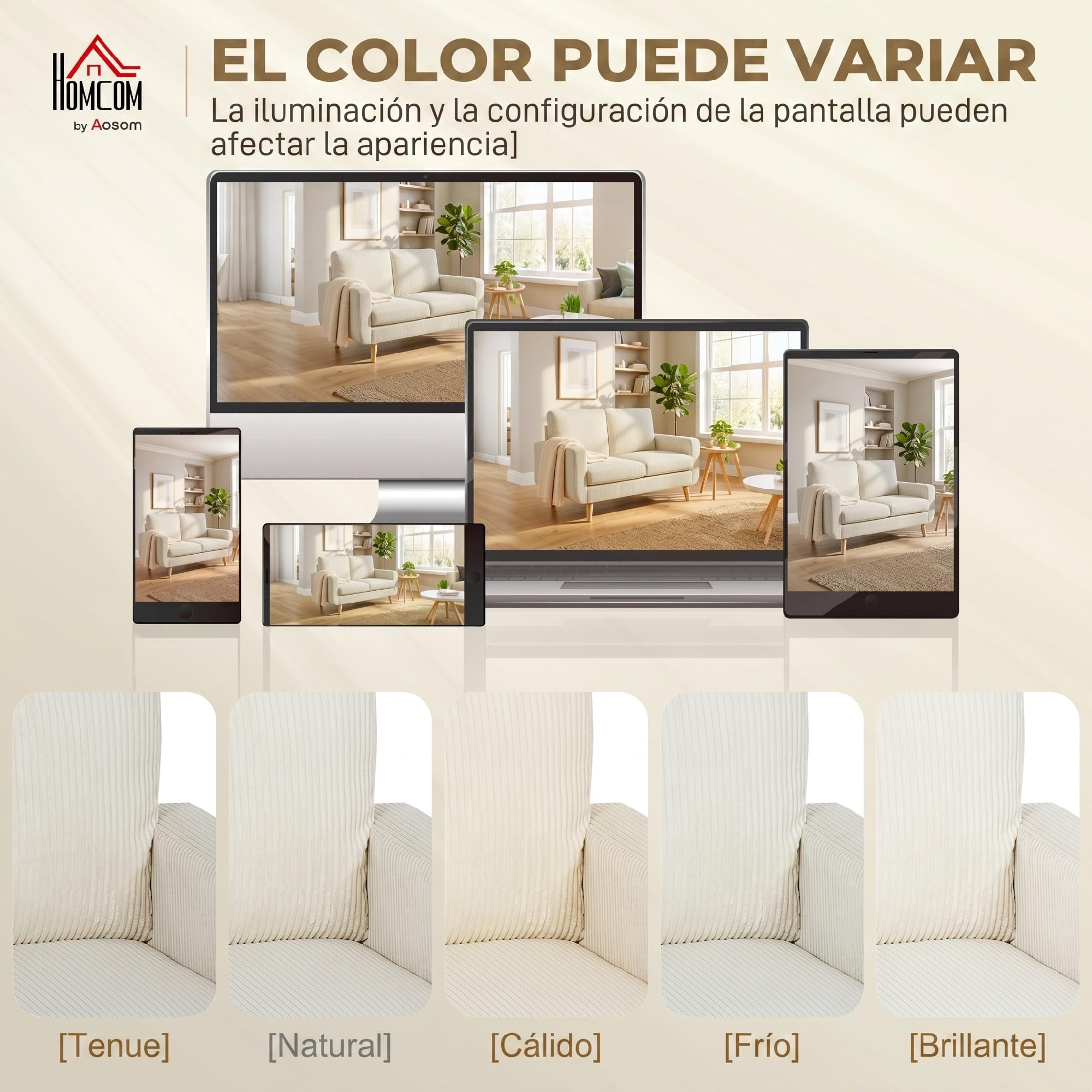 HOMCOM Sofá de 2 Plazas con Cojines de Resortes 134x74x84 cm Blanco Crema | Tapizado en Pana, Sofá Moderno, Acolchado, Respaldo Grueso, Patas de Madera, Dormitorio, Oficina, Sala de Estar