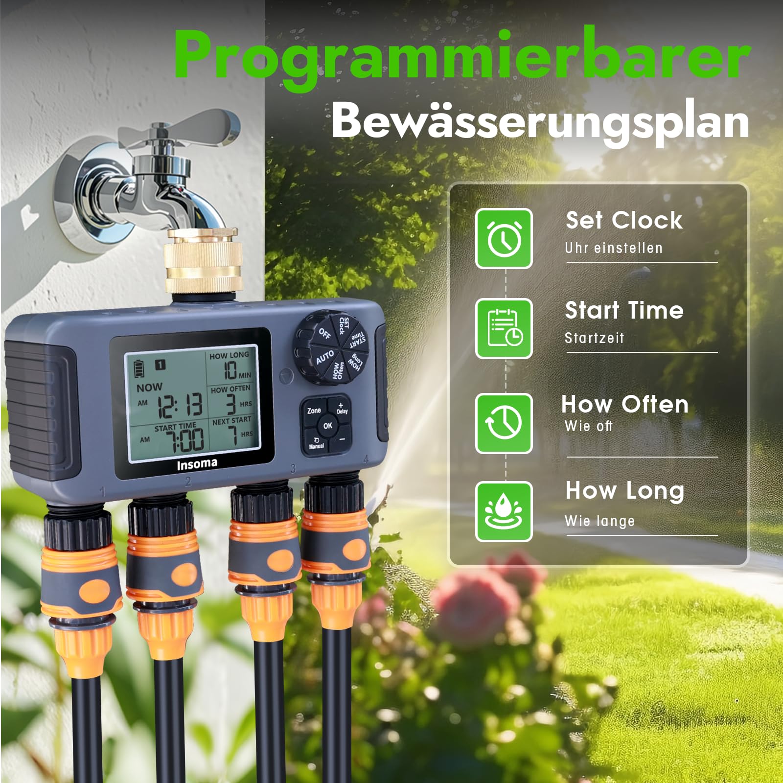 Insoma-Bewässerungssteuerung mit Messinganschluss, 4 unabhängige Zonen, Schlauchsteuerung mit Auto-/Manuell-/Regenverzögerungsmodus, Sprinkler-Bewässerungssteuerung für den Garten