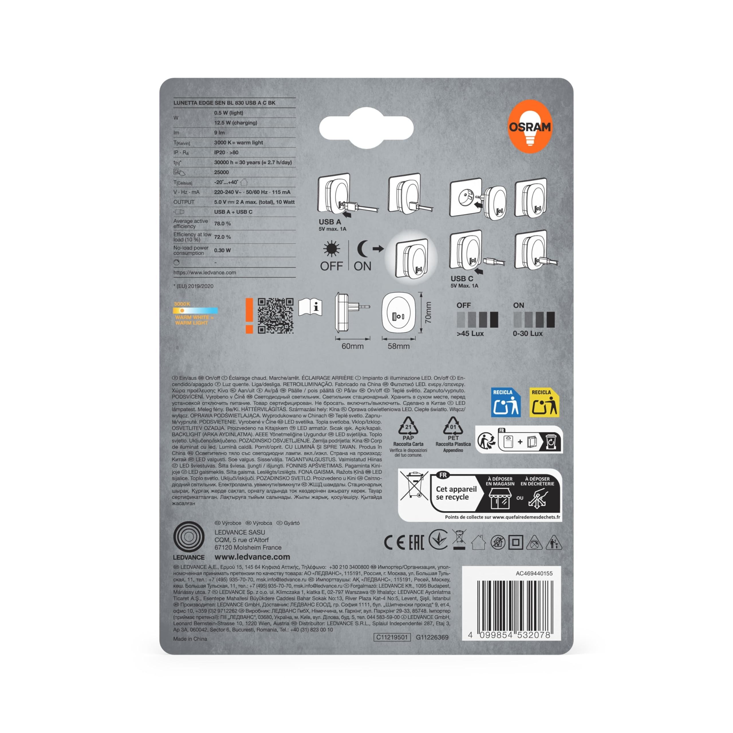Osram - LED oriëntatielamp met sensor NIGHTLUX LED/0,35W/3xAAA IP54