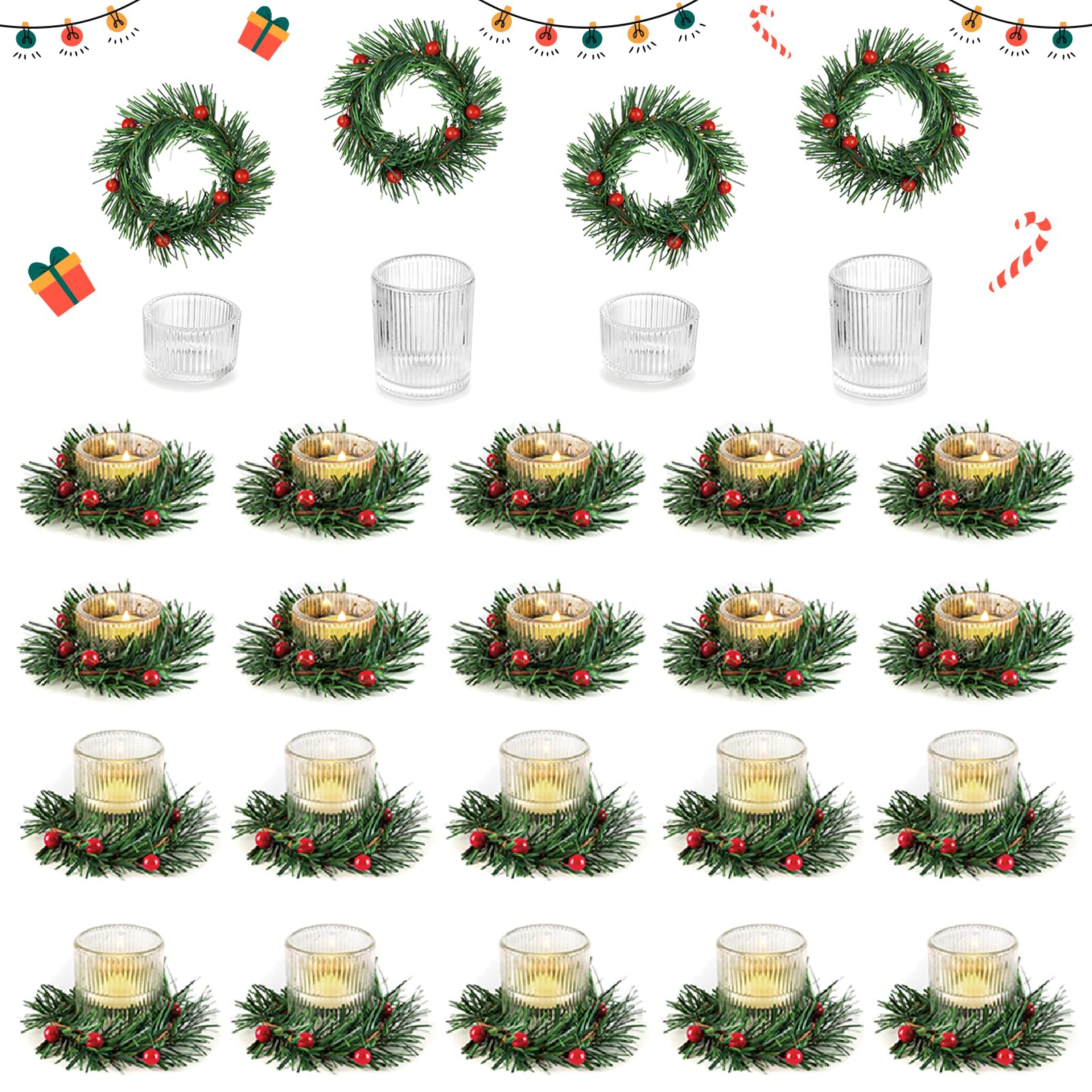Portacandelitas de Navidad: Hewory Set de 24 Portavelas de Vidrio Transparente con Anillo para Corona de Velas, Portavelas Votivas de Navidad para Centro de Mesa Navideño Decoración del Hogar