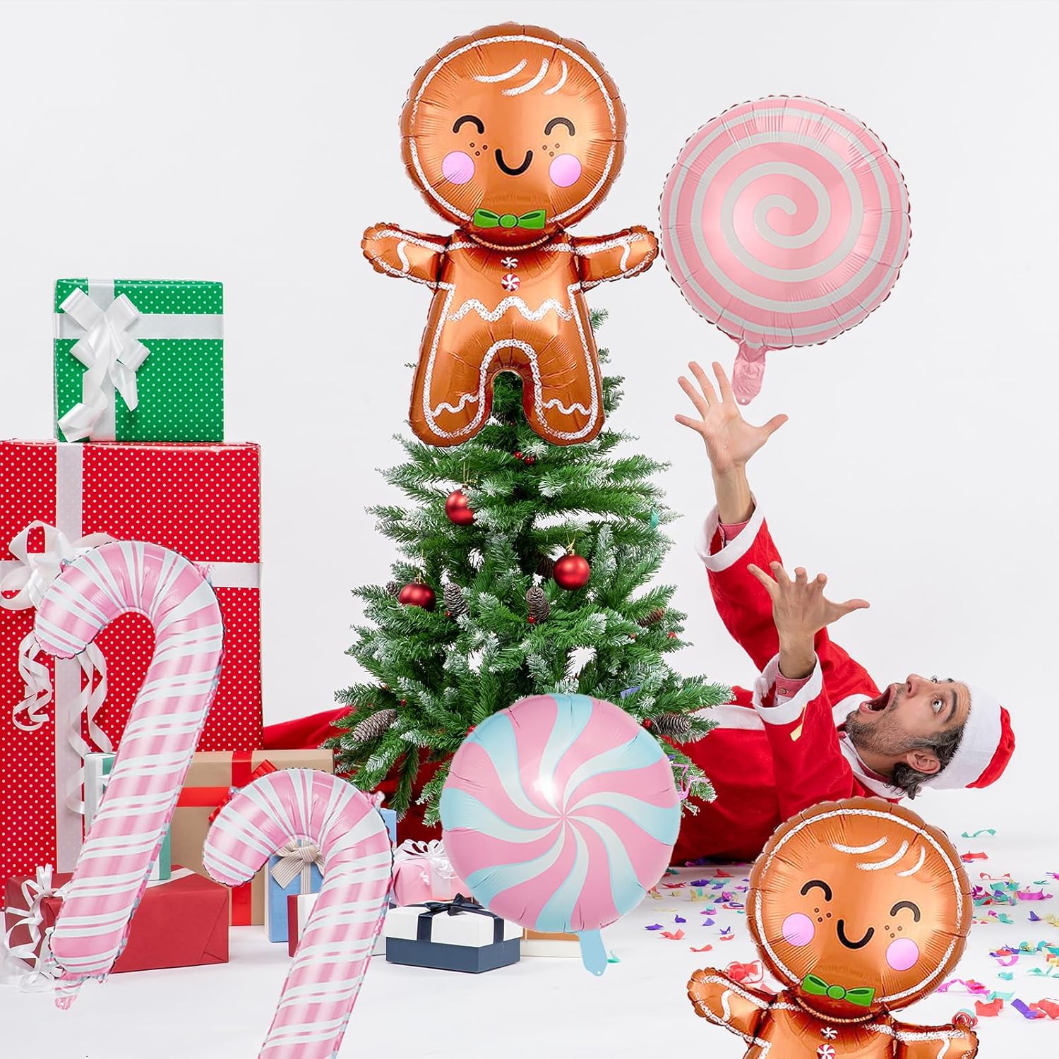 12Pcs Christmas Party Balloons Christmas Gingerbread Man Foil Balloons Pink Candy Cane Pink Candy Balloons for Christmas Xmas Candyland New Year Birthday Party Decorations Supplies, Large - Image 4