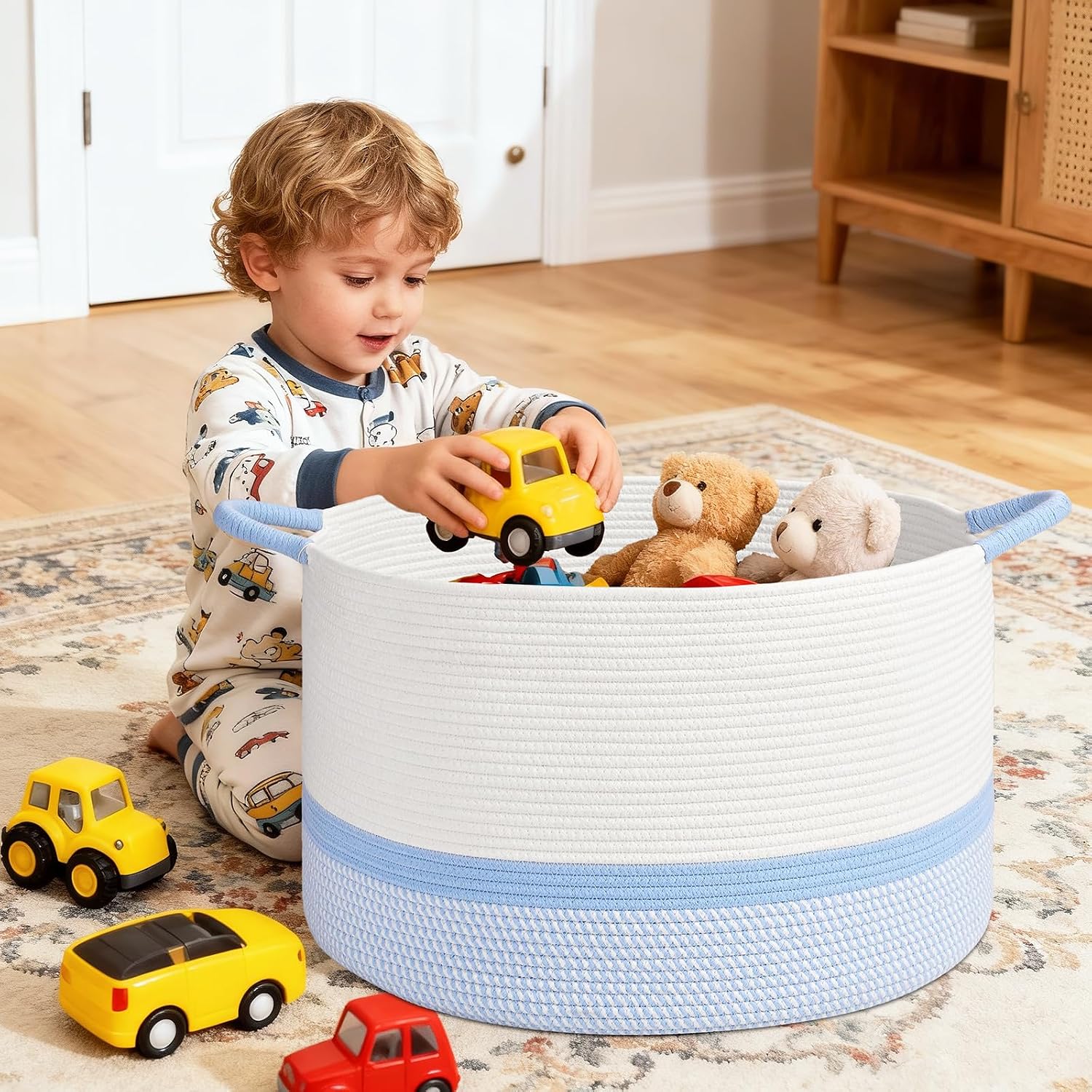 67L Large Blanket Basket, 20"x13" Blanket Basket Living Room, Woven Baskets With Handle, Toy Baskets for Blankets, Nursery, Dog, Pillow, Gift (White & Blue) image 4