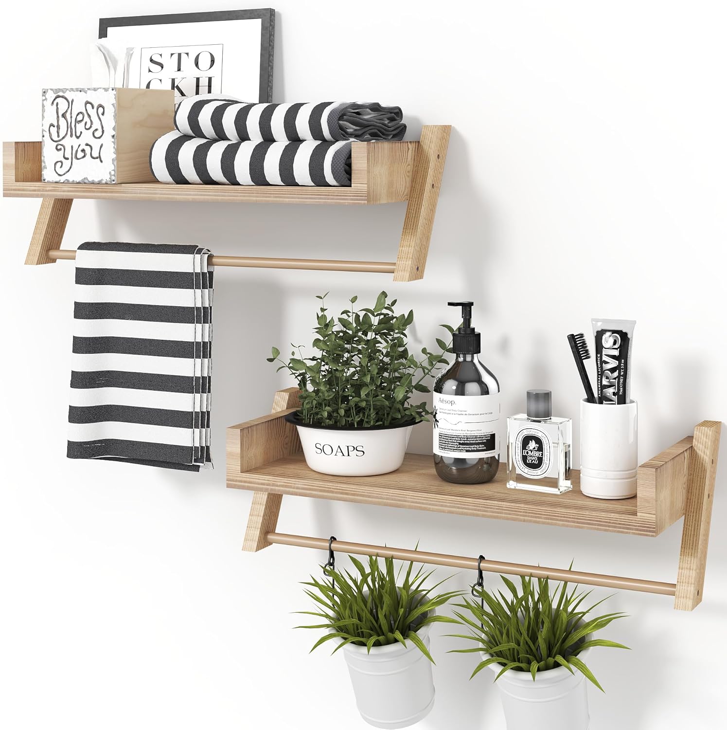 Set of 2 Bathroom Shelves Over Toilet,U-Shaped Hanging Shelves for Wall with Towel Bar,Storage Room Shelves,Farmhouse Wooden Shelf for Bathroom,Kitchen,Living Room,Bedroom (Carbonized Black)