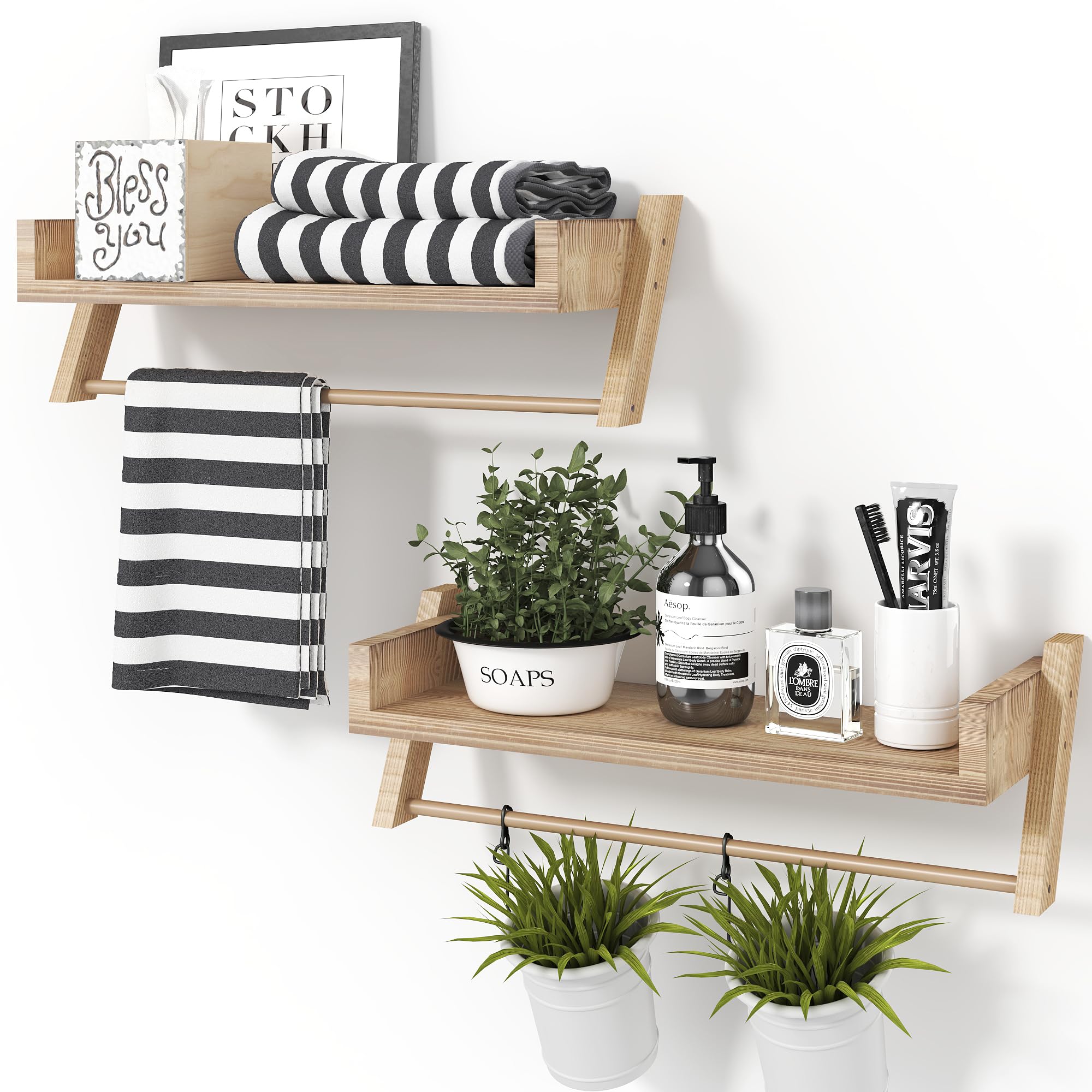 Sumbame Set of 2 Bathroom Shelves Over Toilet,U-Shaped Hanging Shelves for Wall with Towel Bar,Storage Room Shelves,Farmhouse Wooden Shelf for