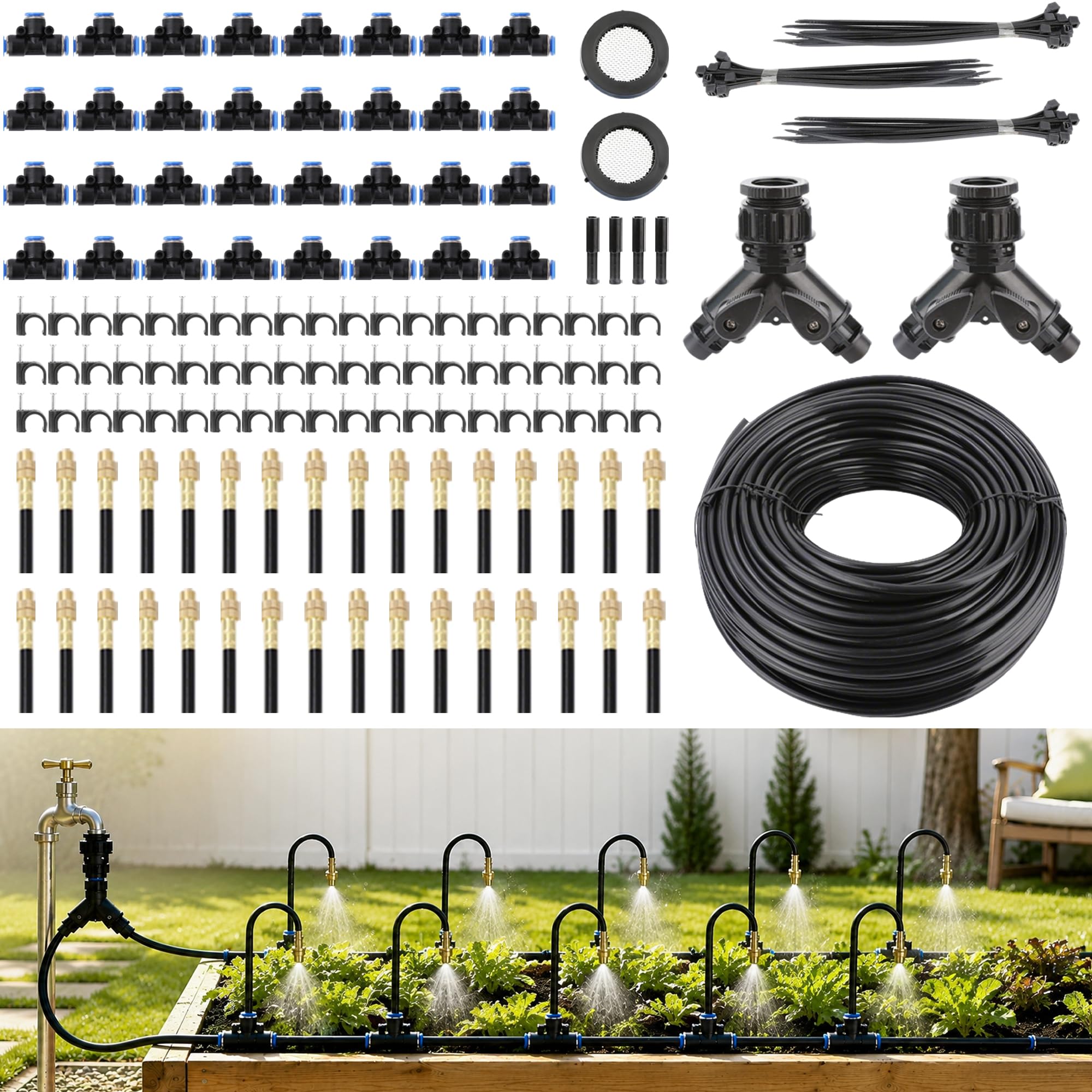 Sistema de riego por goteo, kit de riego automático por goteo de 200 pies con 32 boquillas de latón, manguera de goteo de 0.25 pulgadas y tubo, aspersor de nebulización ajustable para patio, césped