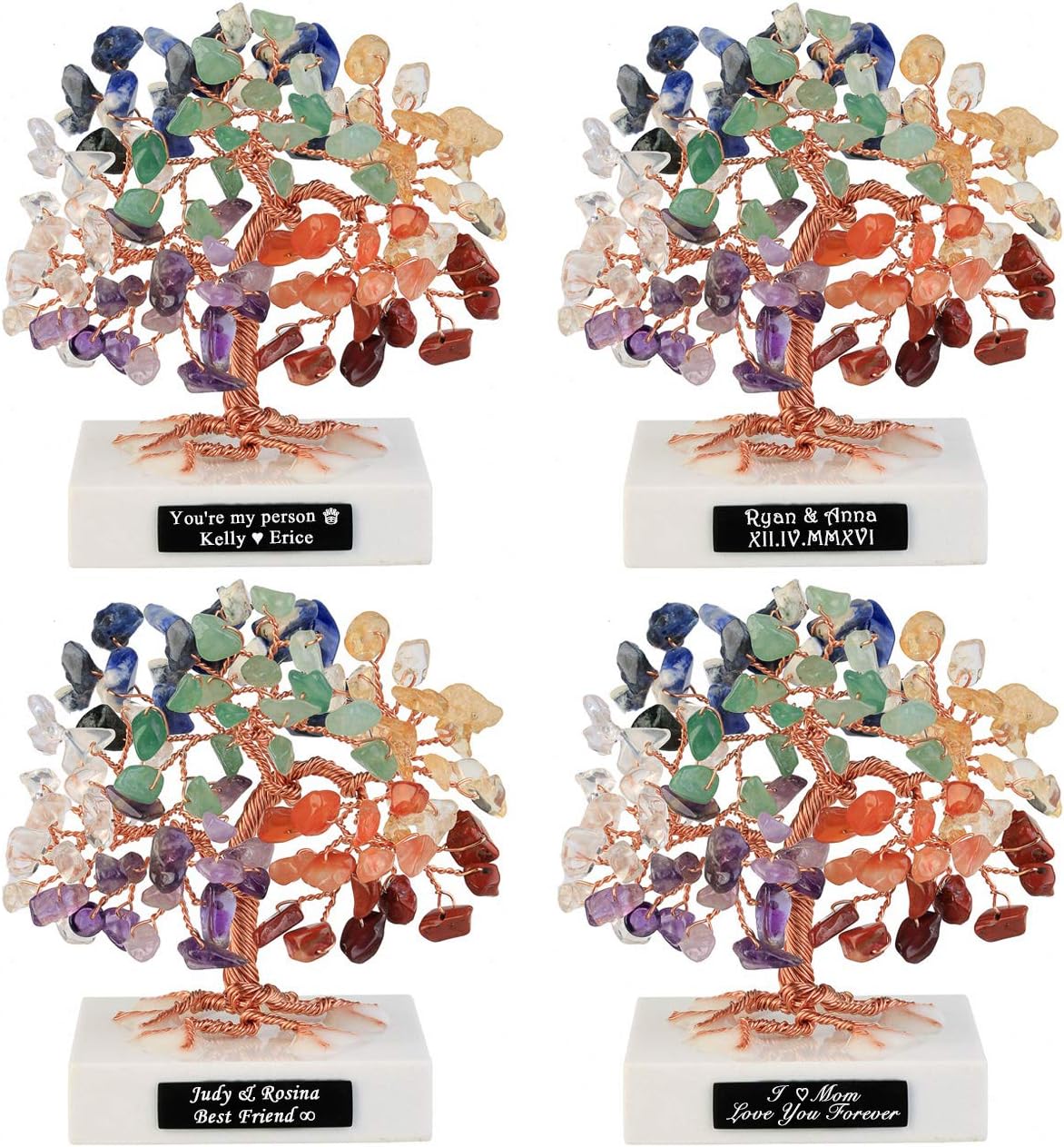 JOVIVI Personalized Custom 3.54"-4.7" Mini Natural 7 Chakras Bonsai Money Tree Healing Crystals Stones Tumbled Gemstones Ornaments on Marble Base for Good Luck, Wealth Home Office Decor Spiritual Gift