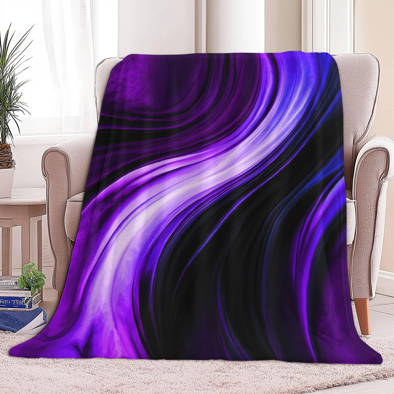 220 x 240 cm Manta de Franela Ultra Suave Líneas Elegantes Giratorias Abstractas Manta Multifuncional, Cálida para Todas Las Estaciones Violeta, Deal como el Mejor Regalo para Familia y Amigos