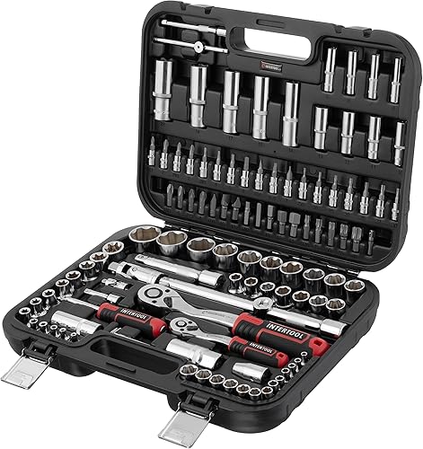 INTERTOOL Kit de herramientas de mecánico y juego de zócalos, métrica, 14 y 12, 110 piezas, estuche de almacenamiento resistente a prueba de golpes