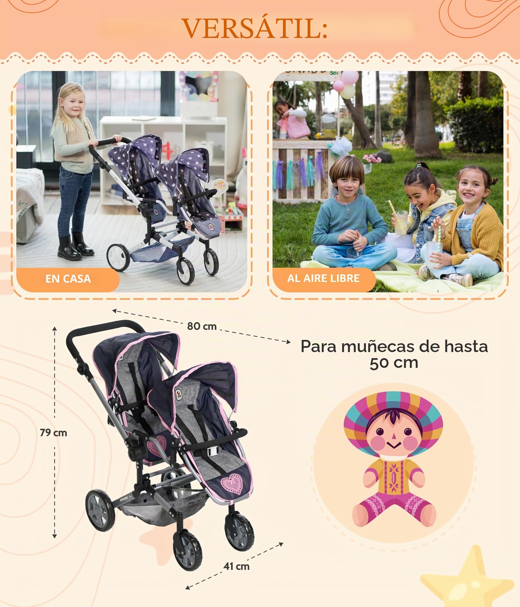 Bayer Chic 2000 - Cochecito para muñecas Linus Duo para niños de 4 a 8 años, Color Rosa Vaquero, 690-62