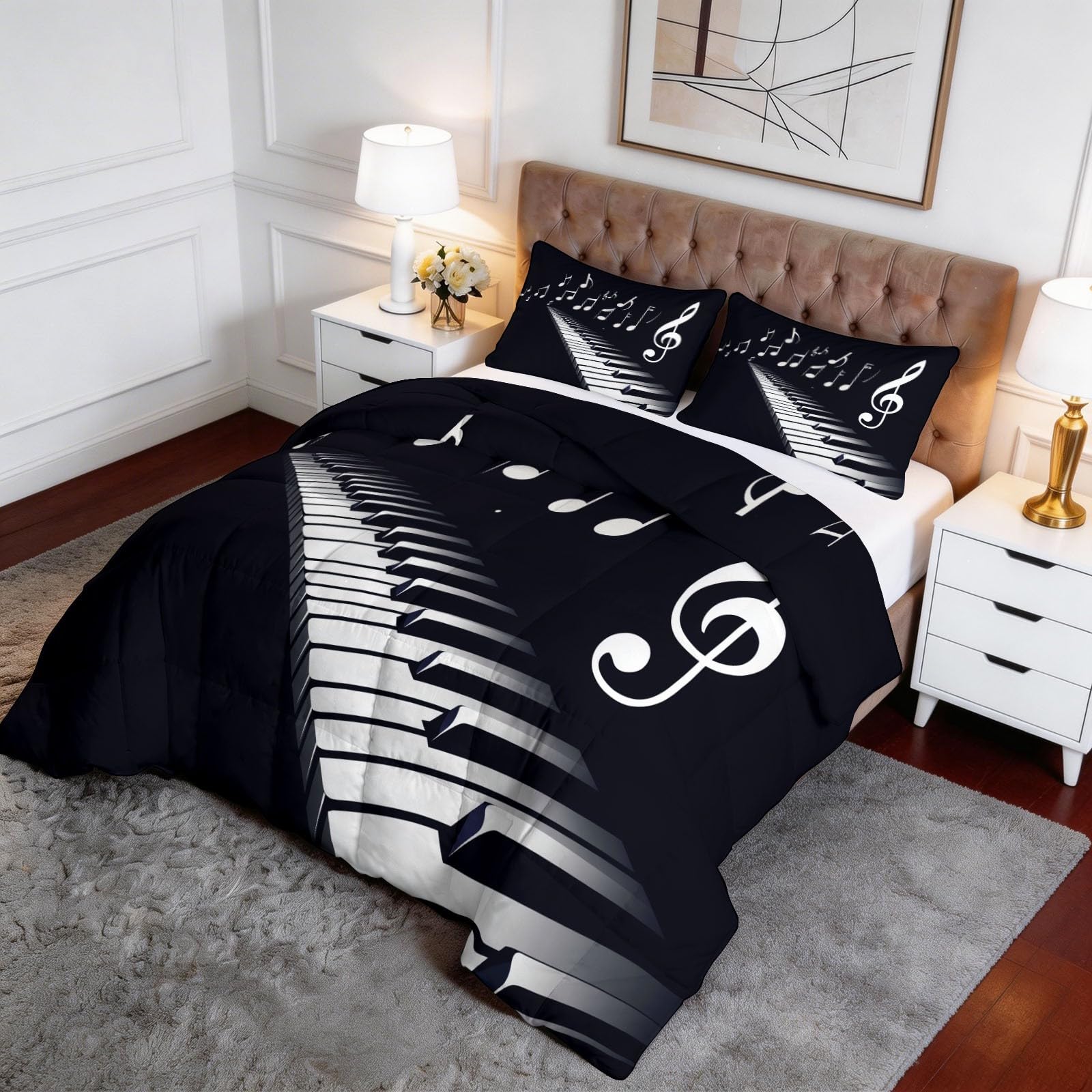 Generico Musica Pianoforte Note Musicali Trapunta Invernale Matrimoniale Imbottita in Morbida Microfibra, Piumone Letto Autunno Inverno Traspirante Anallergico Fantasia 2 Piazze, 220 x 240 cm, Nero