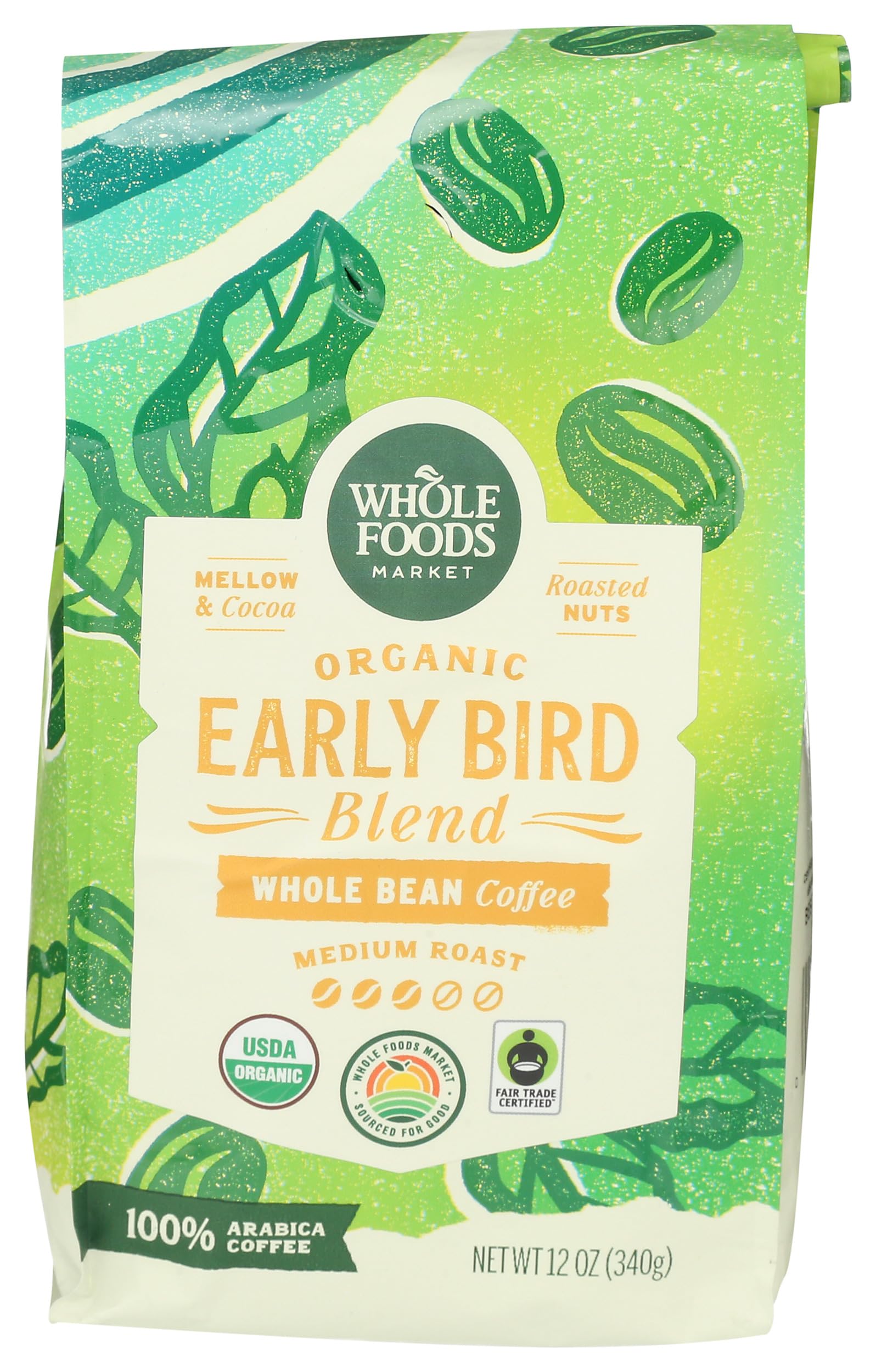 Whole Foods Market, Organic Early Bird Blend, Medium Roast Whole Bean Coffee, Cocoa & Roasted Nuts, 12 Ounce