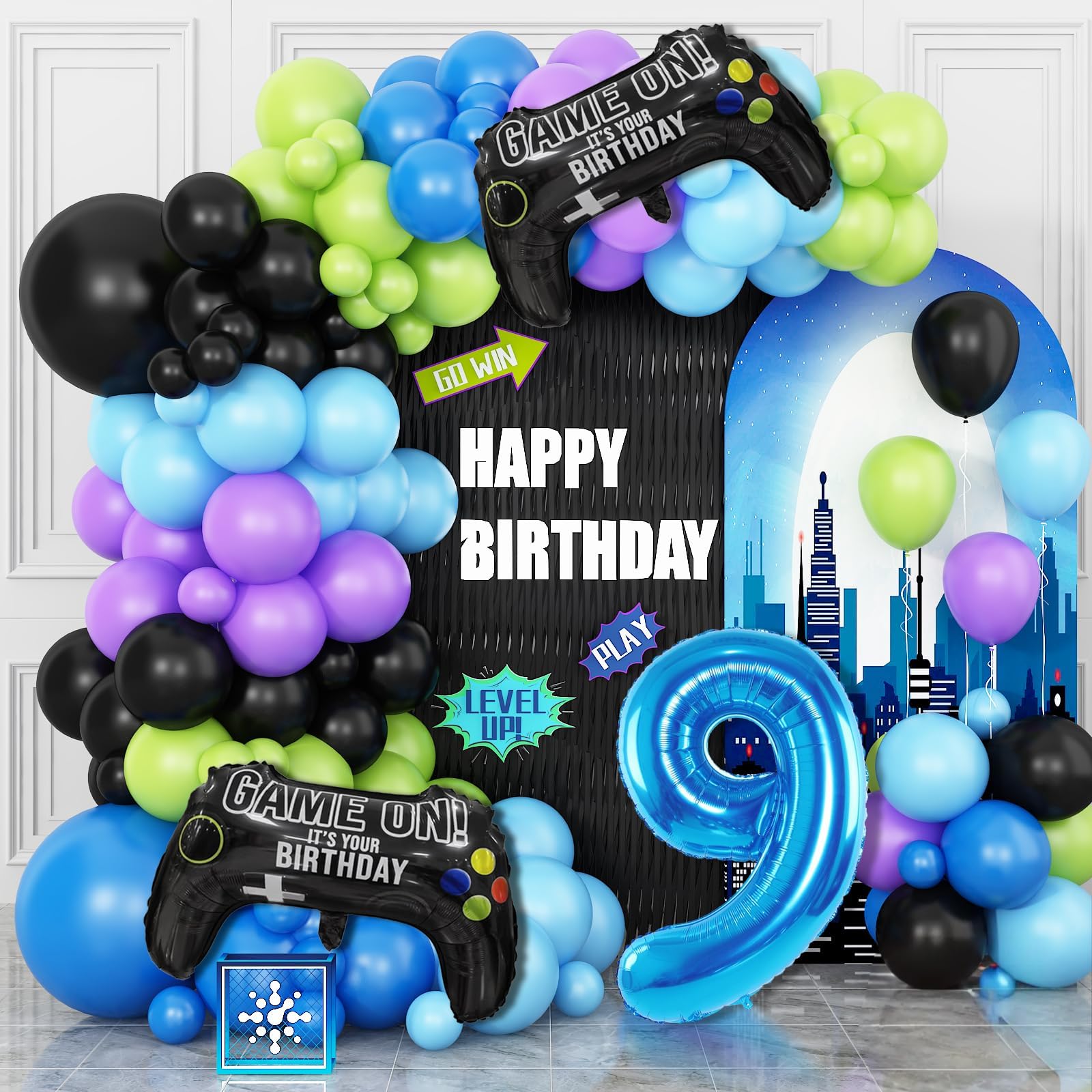 9th Birthday Video Game Balloons Arch, 9th Party Balloons Garland Kit 9th Game Birthday Supplies with Blue Number 9 Balloon Game Foil Balloons for 9