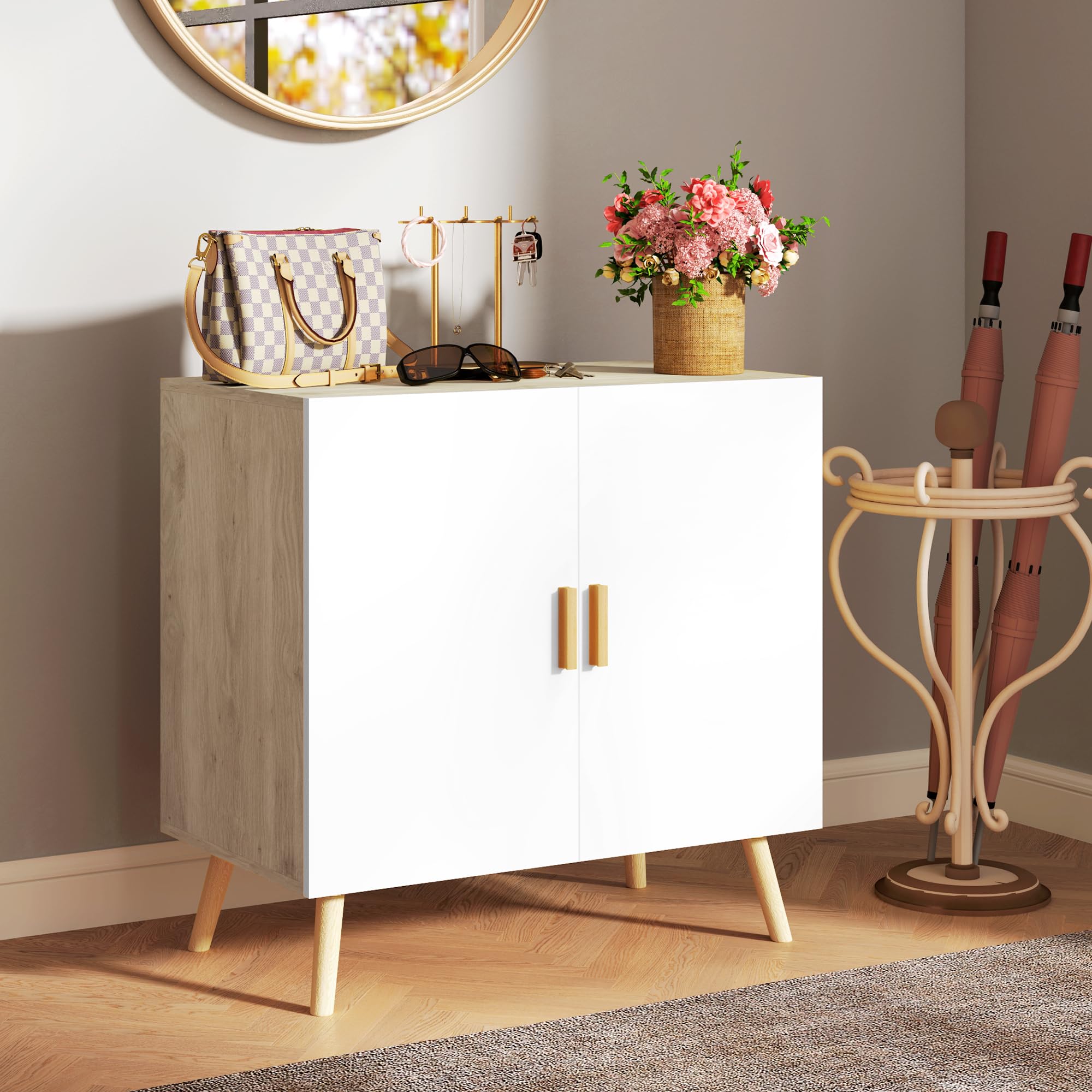 HOMCOM Mobile Multiuso con 3 Ripiani Regolabili e Base Sollevata, Mobile Soggiorno in Legno, 76x41.2x74 cm, Rovere e Bianco