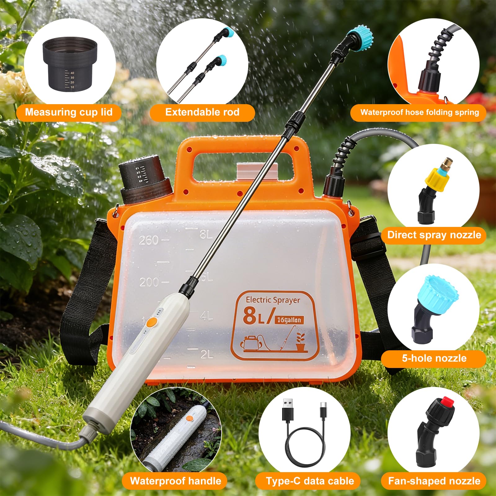 Pompa Irroratrice a Batteria 8L con Impugnatura Impermeabile, Batteria al Litio 2500mAh, 3 Ugelli & Asta Telescopica, Serbatoio Pieghevole Arancione – Ideale per Fitofarmaci & Fertilizzanti Liquidi