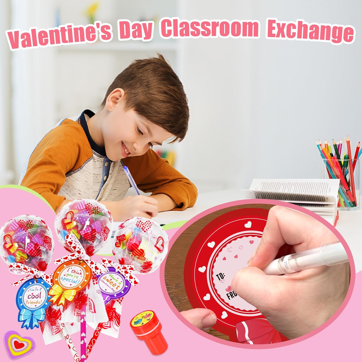 28 Pack Valentines Gifts for Kids - Giant Lollipop-Shaped Class Stationery Set with Cards, Bulk Valentines Classroom Gifts for School Exchange Prizes