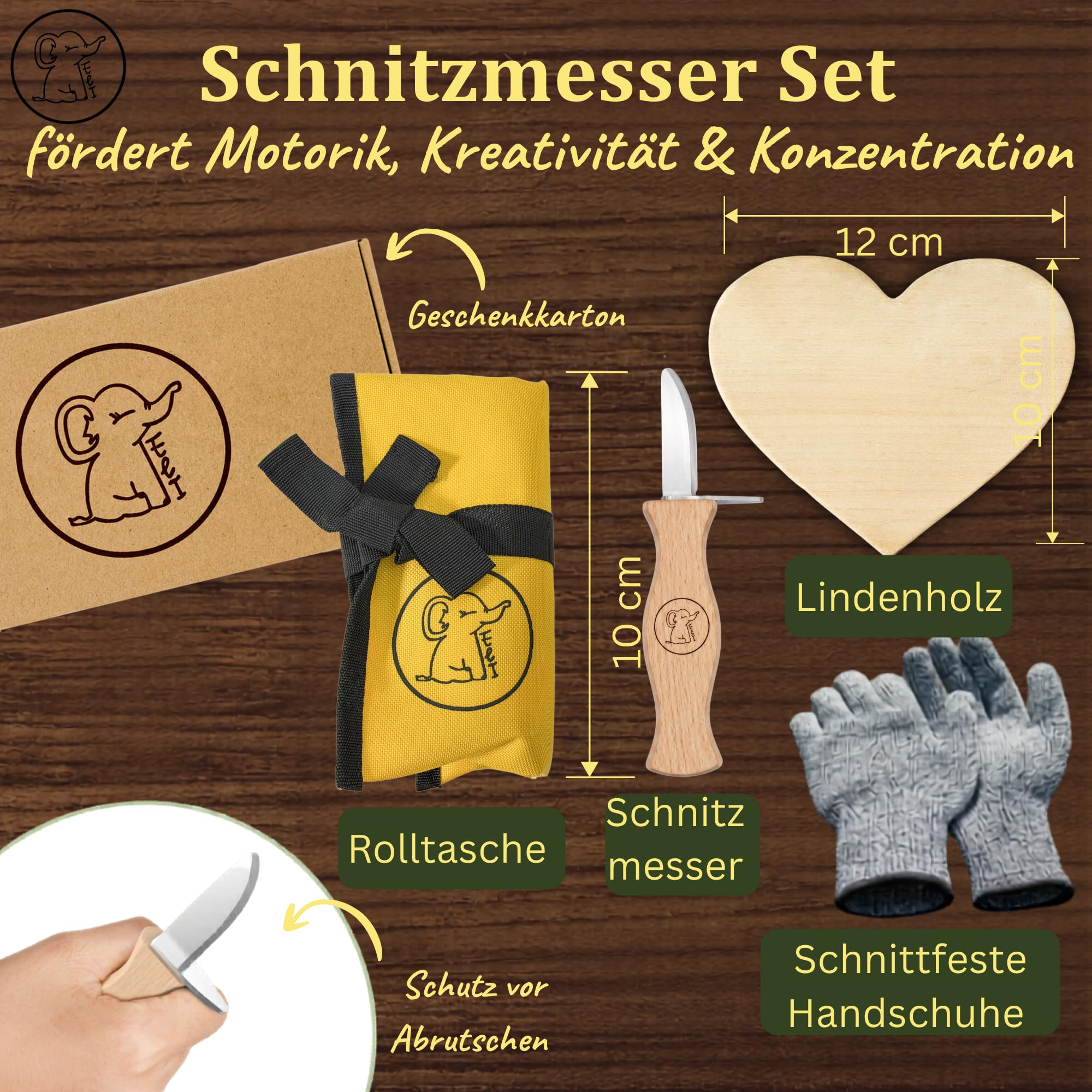 Eli® Schnitzmesser Kinder Set ab 6 Jahre inkl. Schnitzholz und schnittfeste Handschuhe - hochwertiges Kindermesser Schnitzset und Rohling Herz - Kinderschnitzmesser - Schnitzwerkzeug - Outdoor Messer
