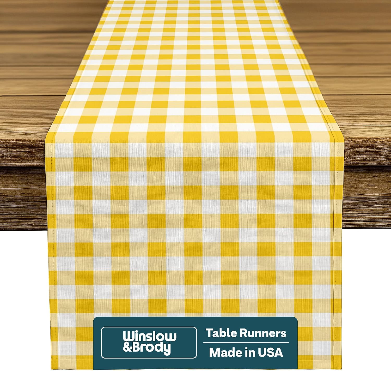 Gingham Table Runner | Made in America | Checkered Yellow White Table Runner | Washable, Stain & Wrinkle Resistant | Summer Table Decorations for Home | 14 x 108 Inches Long