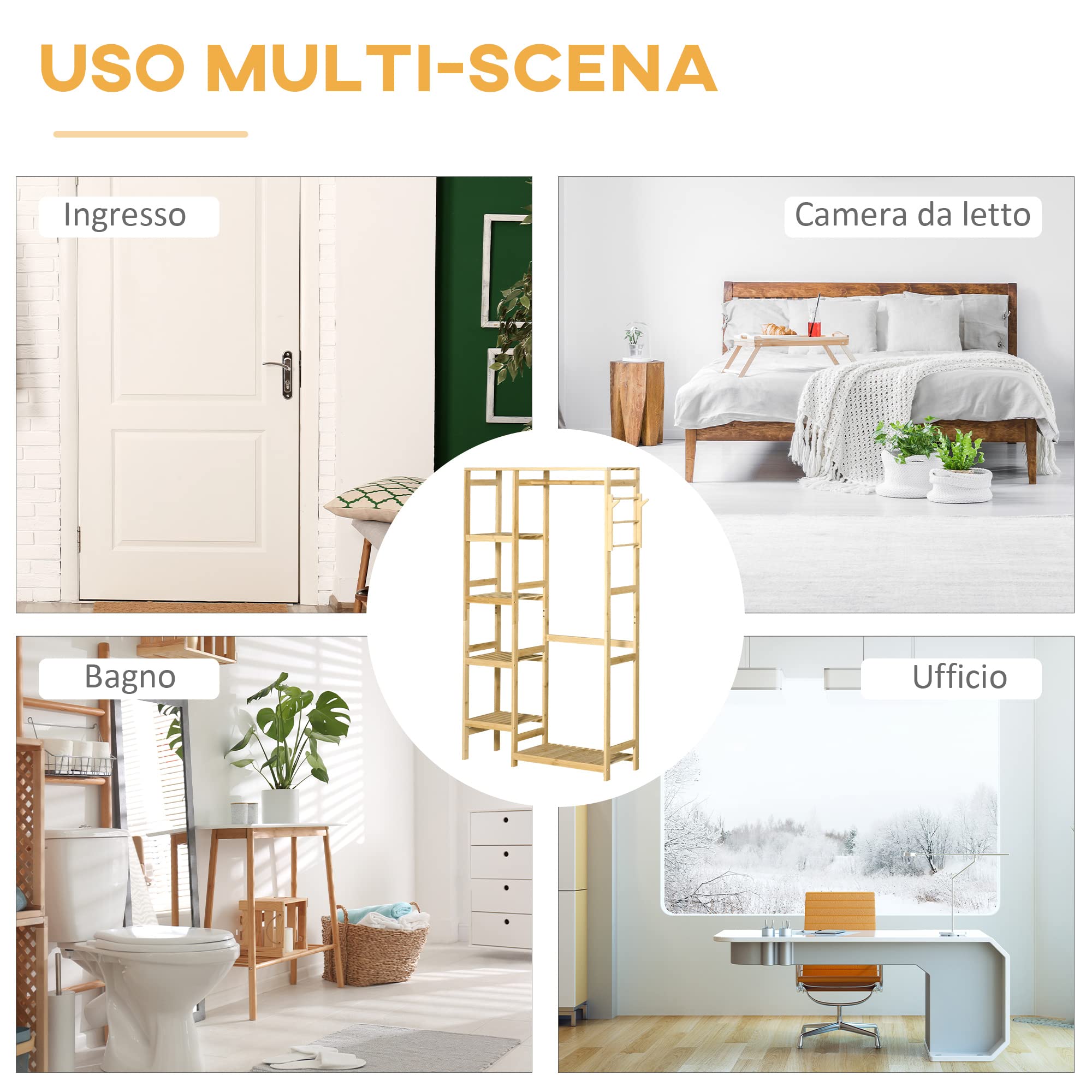 HOMCOM Appendiabiti da Terra in Legno di Bambù, Attaccapanni con Mensole Laterali per Ingresso e Camera da Letto, 90x30x155cm