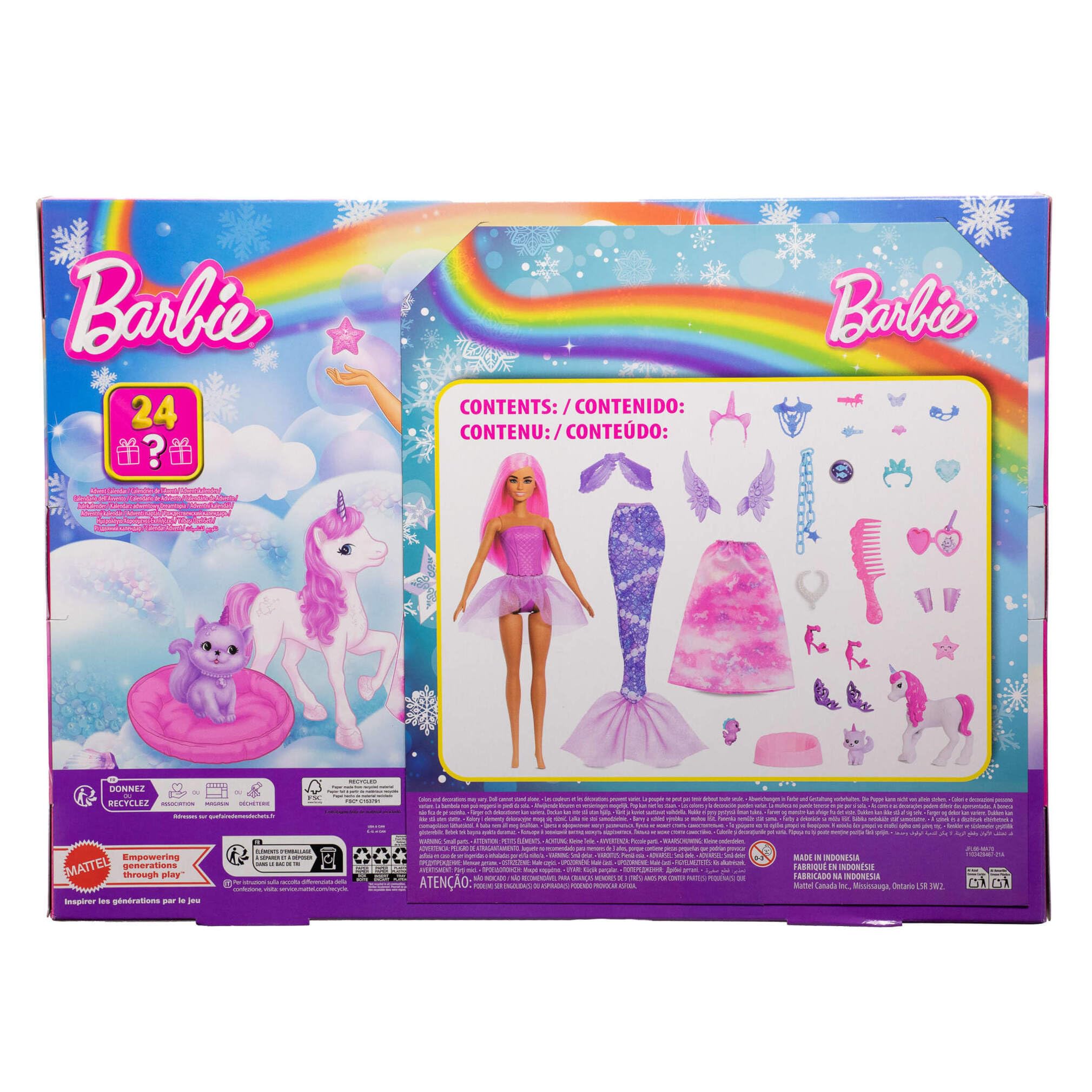 Barbie Calendario de Adviento con muñeca y 24 accesorios sorpresa de juguete, como un unicornio y mascotas, muñeca de moda que se convierte en sirena, hada y mucho más, JFL66